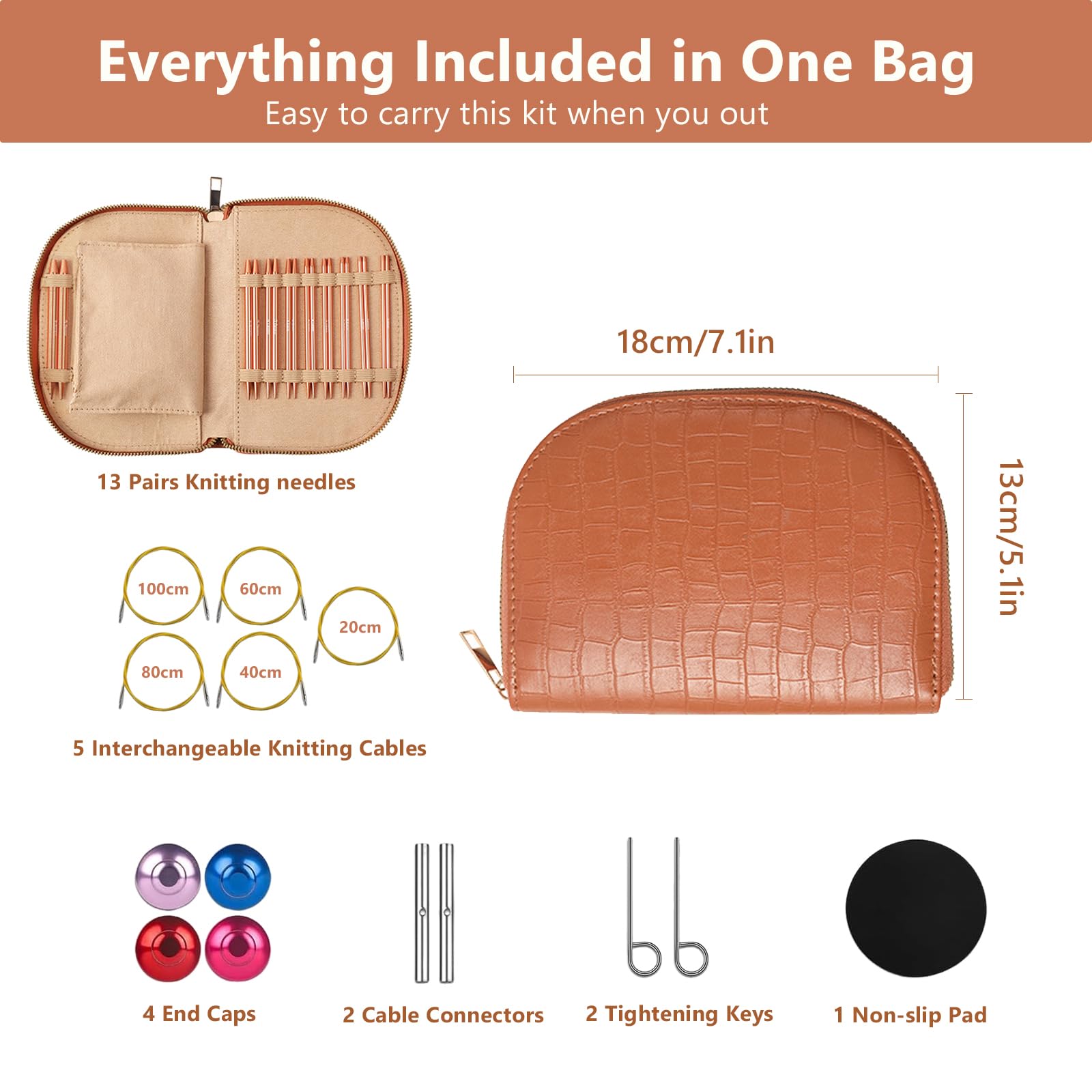 LYMIGER 13 Paar austauschbare Rundstricknadeln, 10,2 cm, Stricknadel-Set, Aluminium, 3–10 mm mit 20 cm, 40 cm, 60 cm, 80 cm, 100 cm Kabeln, Strickzubehör und Etui, Roségold