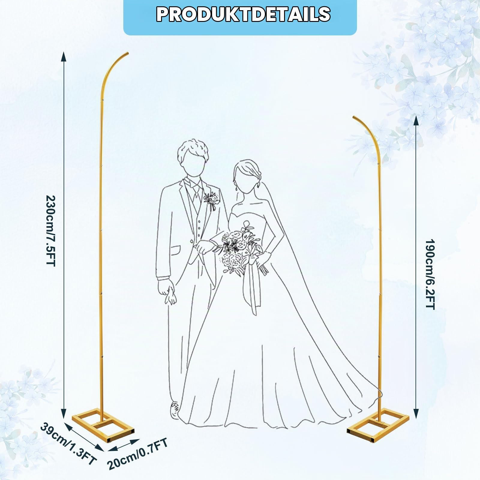 PlusFive Hochzeitsbogen Set(1,9 m & 2,3 m) Gold Traubogen Hochzeitsbogen Gestell Ballonbogen Gewölbter Hintergrundrahmen Wedding Arch für Hochzeit Zeremonie, Geburtstag, Babyparty Dekoration