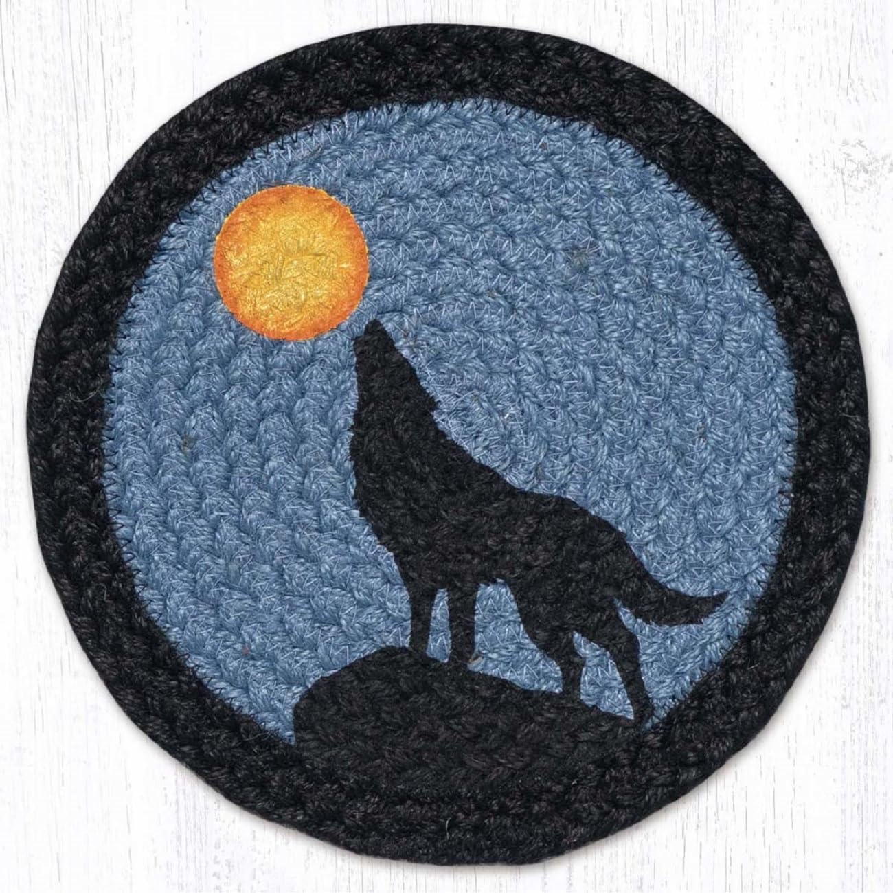 BLACK FOREST DECOR Midnight Howl Trivets Set of 3 – Rustic Wolf Howling Jute Heat-Resistant Table Mats – Handcrafted Natural Jute Kitchen & Dining Décor – 10” Diameter Each, Black, Blue & Yellow