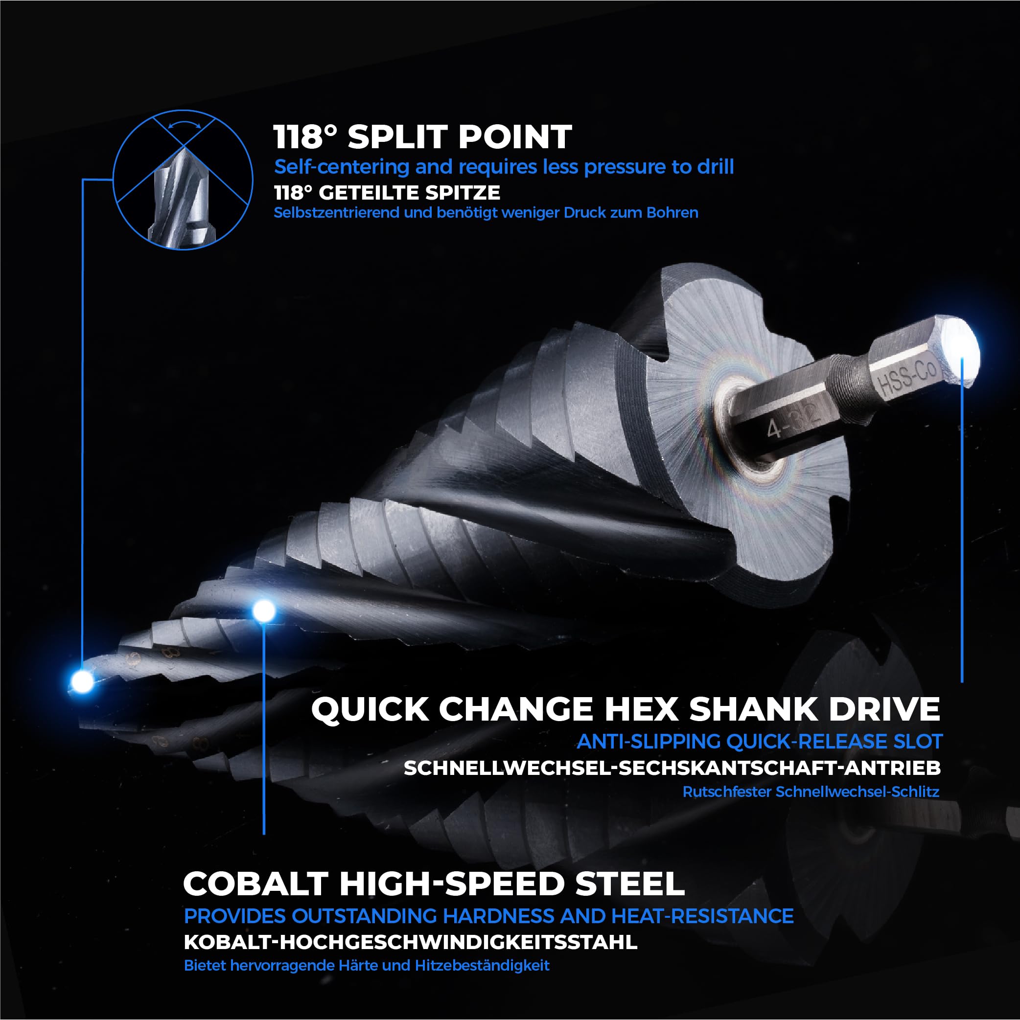 TOOLANT,Broca escalonada de cobalto de cuatro flautas en espiral (Pro Max), 4-32 mm, lista para impactos, cuatro flautas en espiral, madera, plástico