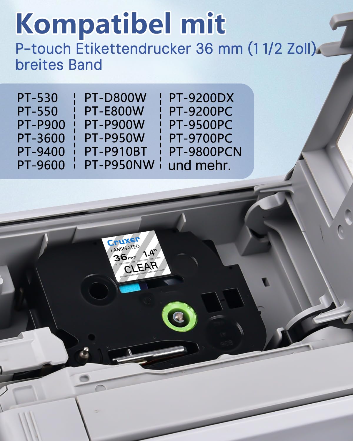 Cruxer 10er-Pack Kompatibel mit Ptouch TZe161 36 mm Schwarz auf Transparent | TZe-161 Laminiertes Etikettenband Ersatz für P-touch PT-530 550 3600 9200pc 9200DX 9400 9500PC 9600 9700PC Etikettendrucker