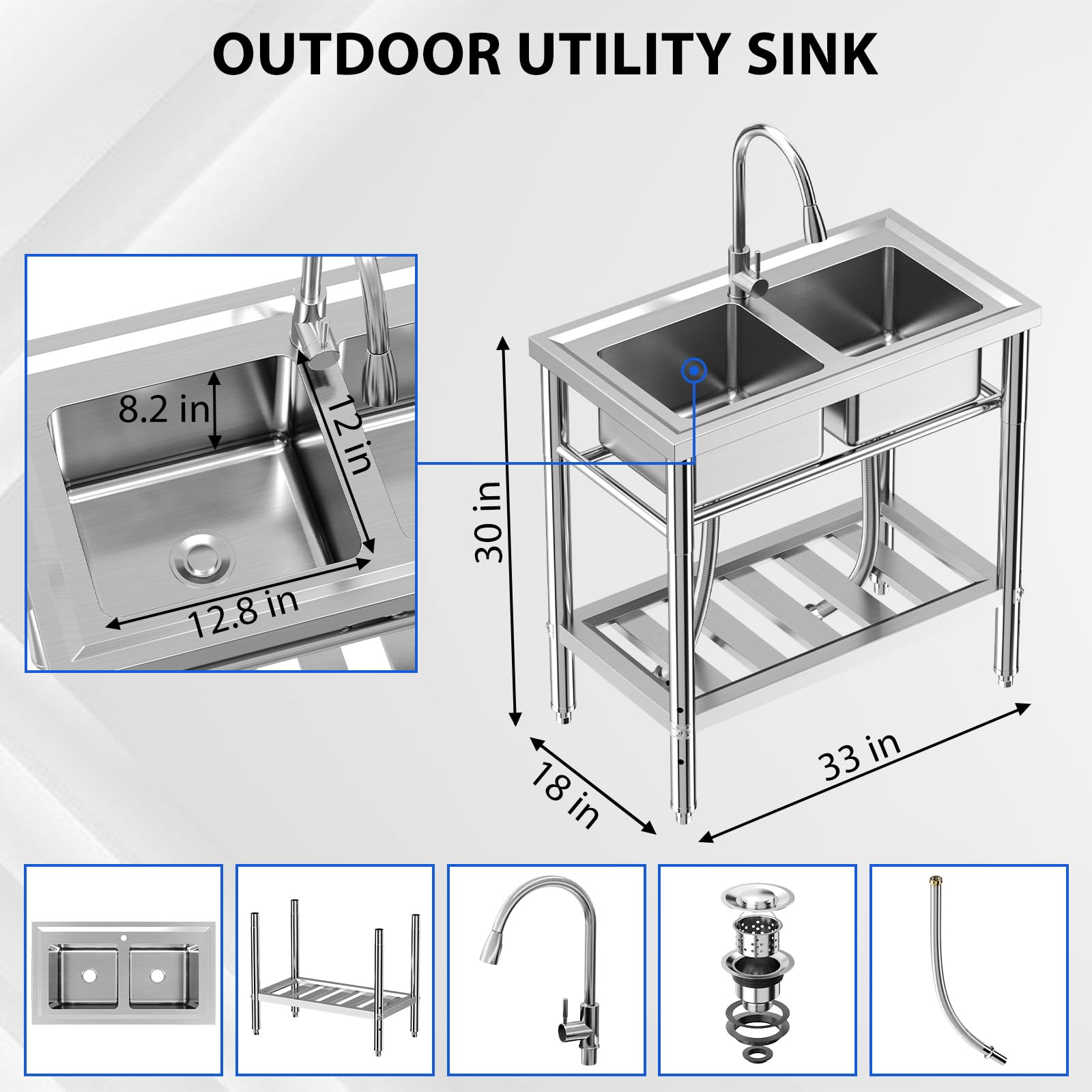 Double évier en acier inoxydable 304 certifié NSF, 83 x 45 x 76 cm, avec mitigeur extensible, pieds réglables, résistant à la corrosion, pour cuisine, buanderie, restauration et garage
