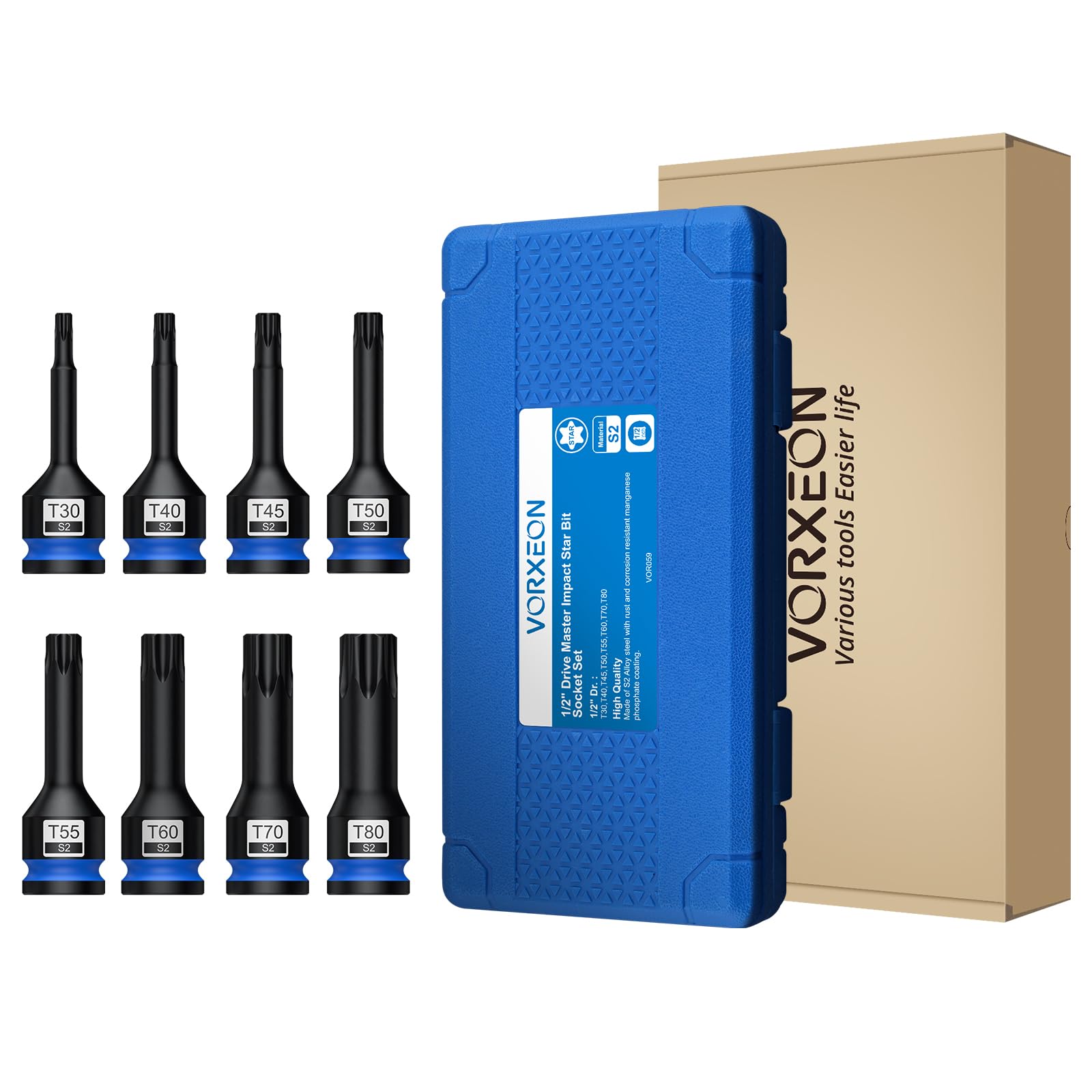 8PCS 1/2" Bussole per Avvitatore a Torx ad Impulsi, Set S2 in Acciaio Legato con Custodia da T30 -T80 Adattatori per Bussole a Torx a Percussione Adatto per Chiavi Pneumatiche, Pneumatico ed Elettrico
