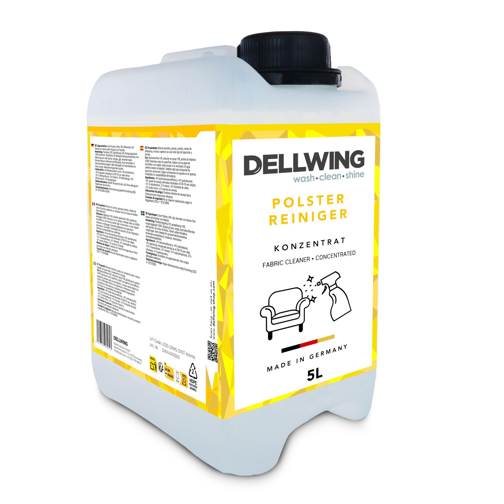 Dellwing Detergente per tappezzeria concentrato 5 l, detergente per divani, tappeti, sedili auto e materassi, adatto per estrattori, aspirapolvere a umido e pulizia manuale, Made in Germany