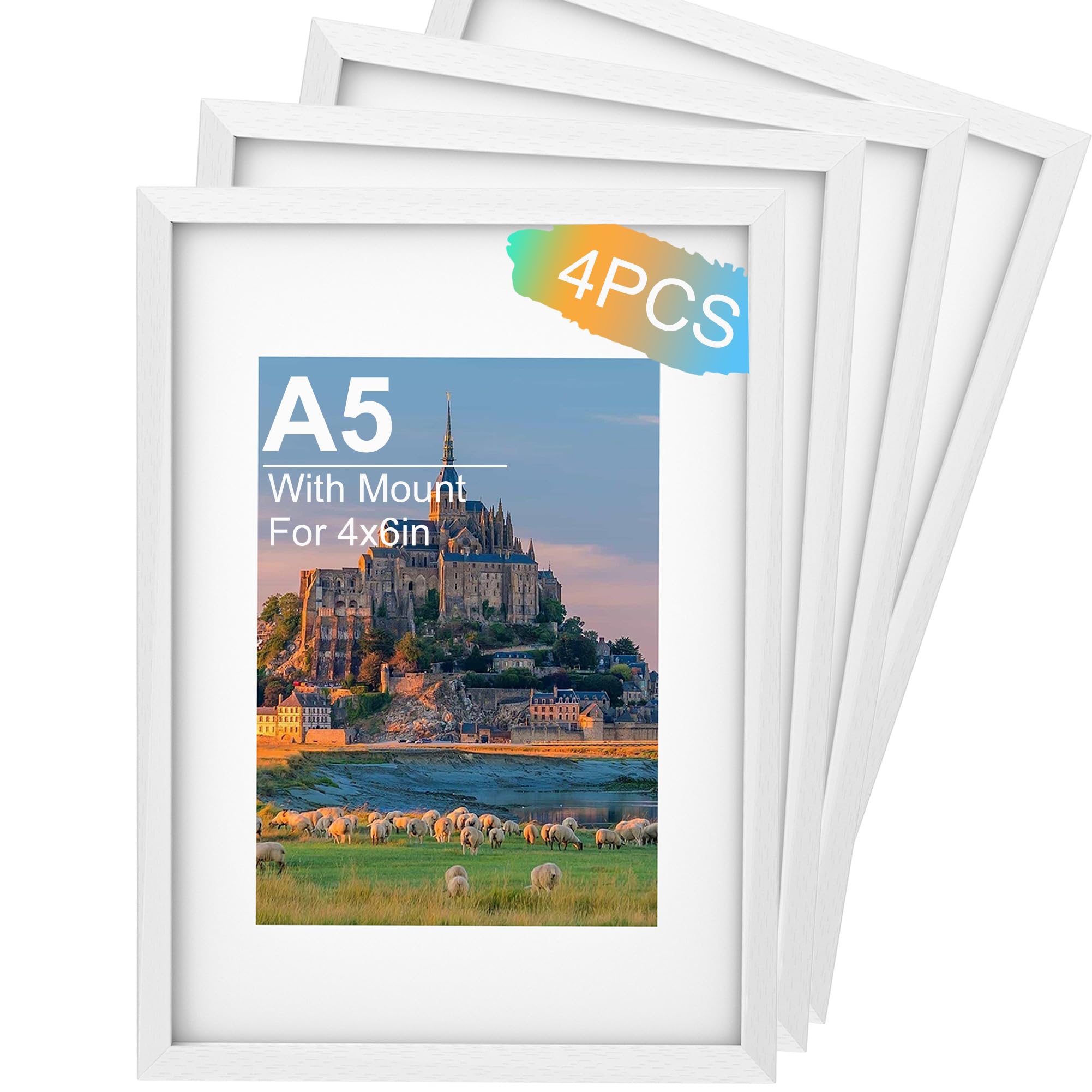 A5 Picture Frame 4 Pack, White Wooden A5 Photo Frame 14.8x21 cm with 4x6 inches Mount, Poster Frame for Certificates and Artwork, Wall Mount Horizontal or Vertical