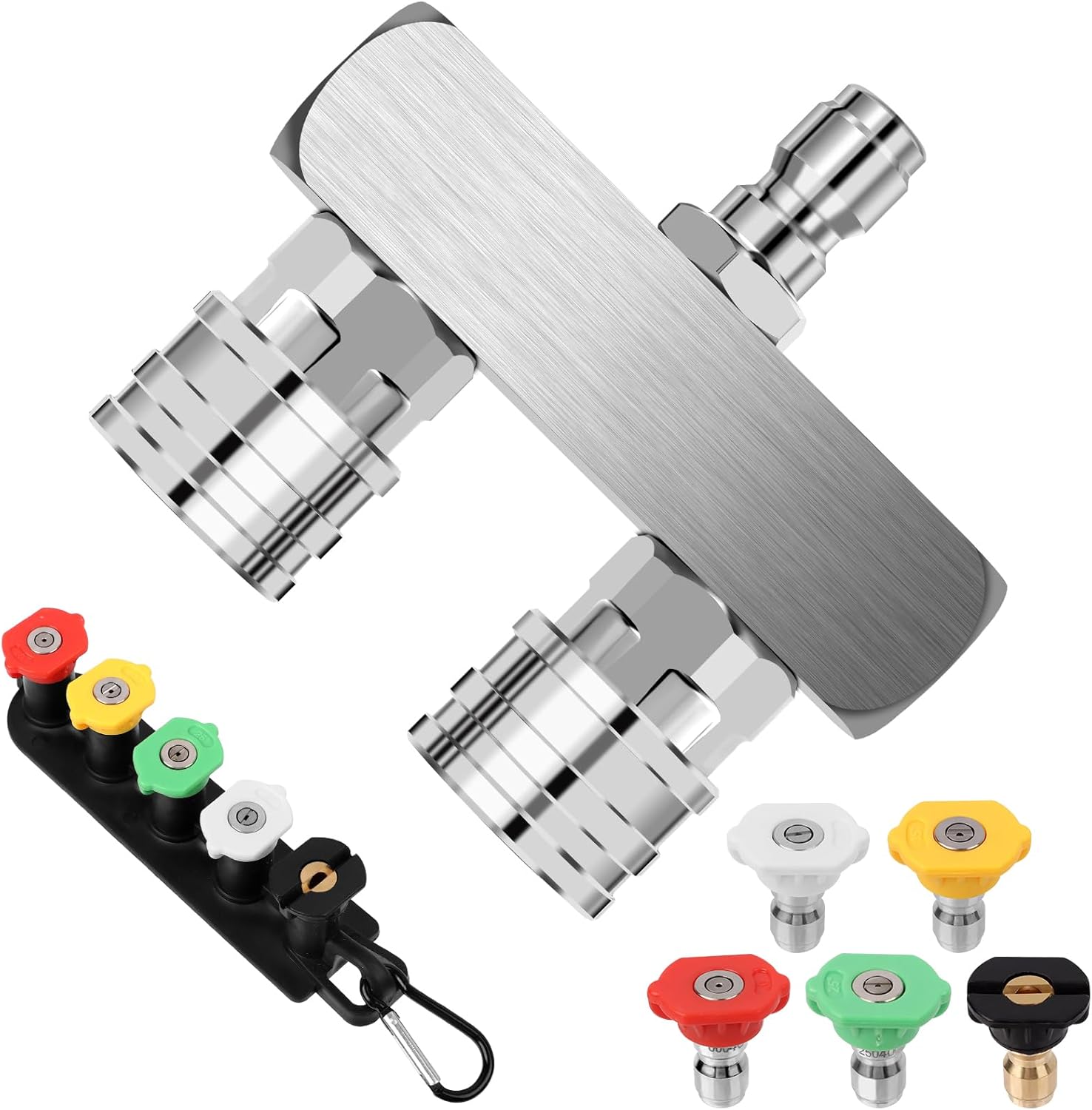 Axcoix 5000 PSI Pressure Washer Tips, 2-in-1 Power Washer Nozzle Tip, Dual Pressure Washer Nozzle with 10 Pressure Washer Spray Nozzles (0, 15, 25, 40, 65 Degree), 1/4 Inch Quick Connect, silvery