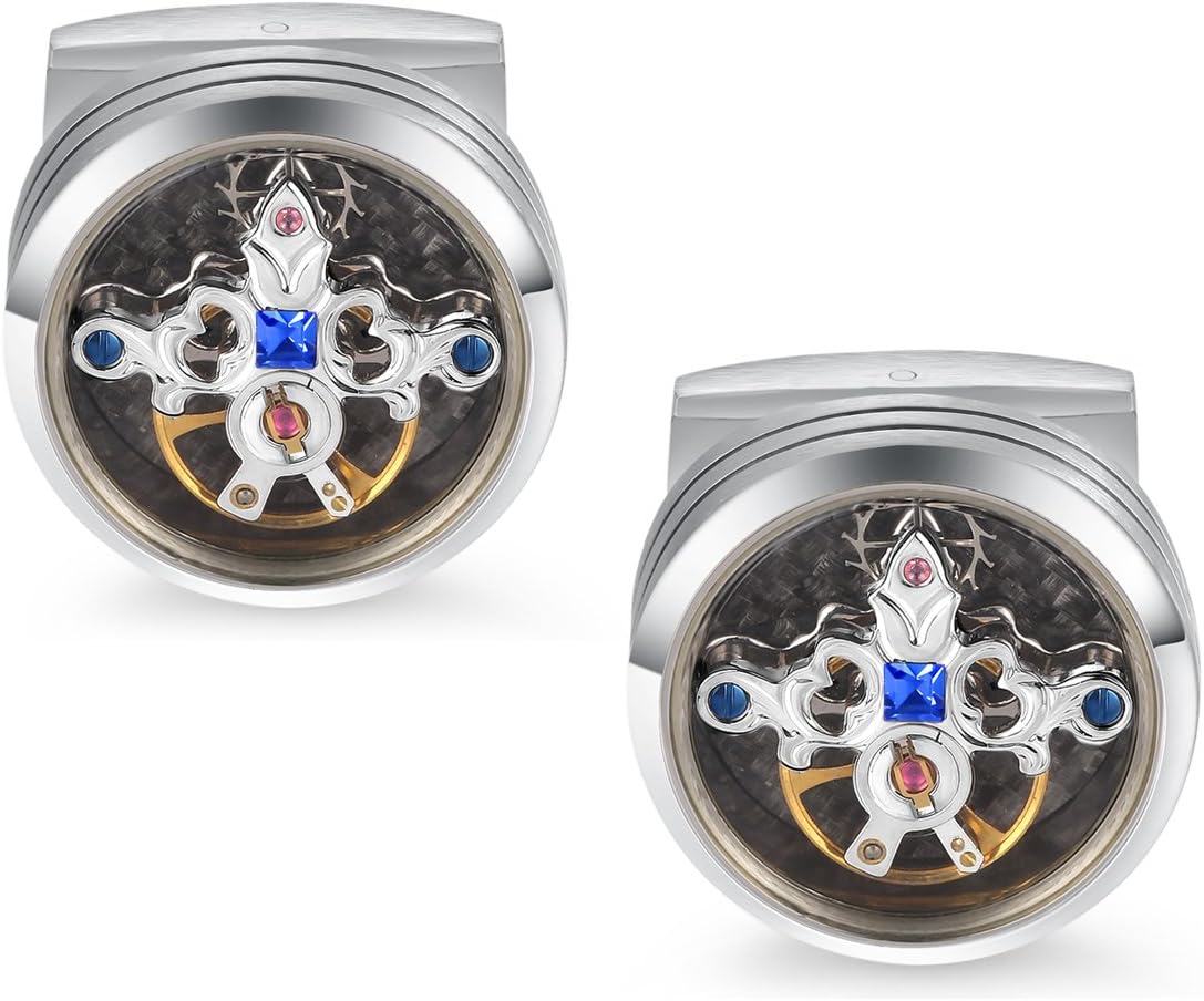 Dich Creat Unisex Stainless Steel Rhodium Emboss Tourbillon Cufflinks/Blue Swarovski Crystal Inlay