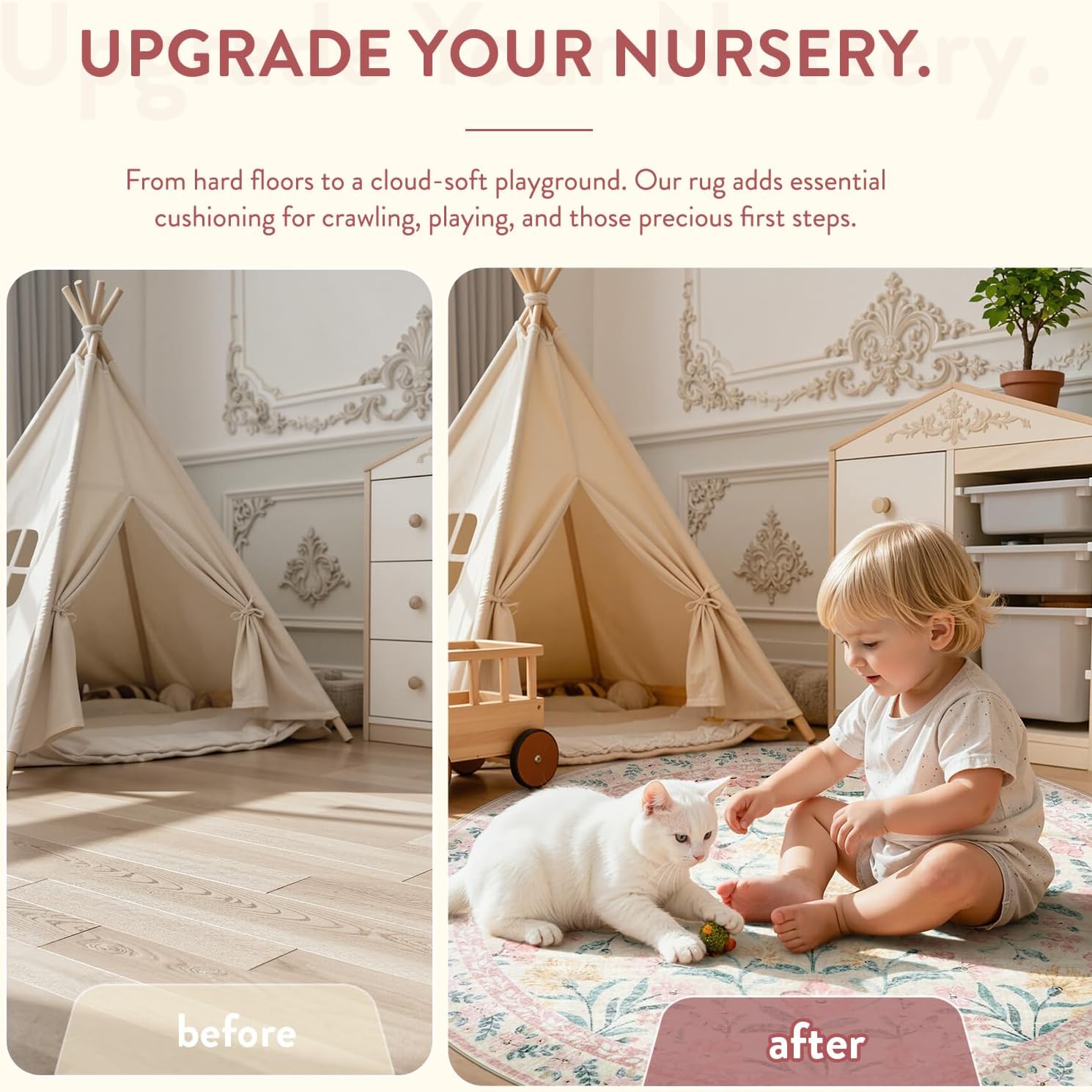 Lahome Sylvie Boho Light Pink Round Rug 4ft, Washable Small Circle Rugs for Bedroom Kids, Pink and Green Nursery Circular Carpet Girl Decor, Soft Non-Slip Round Carpet for Sunroom, Blush