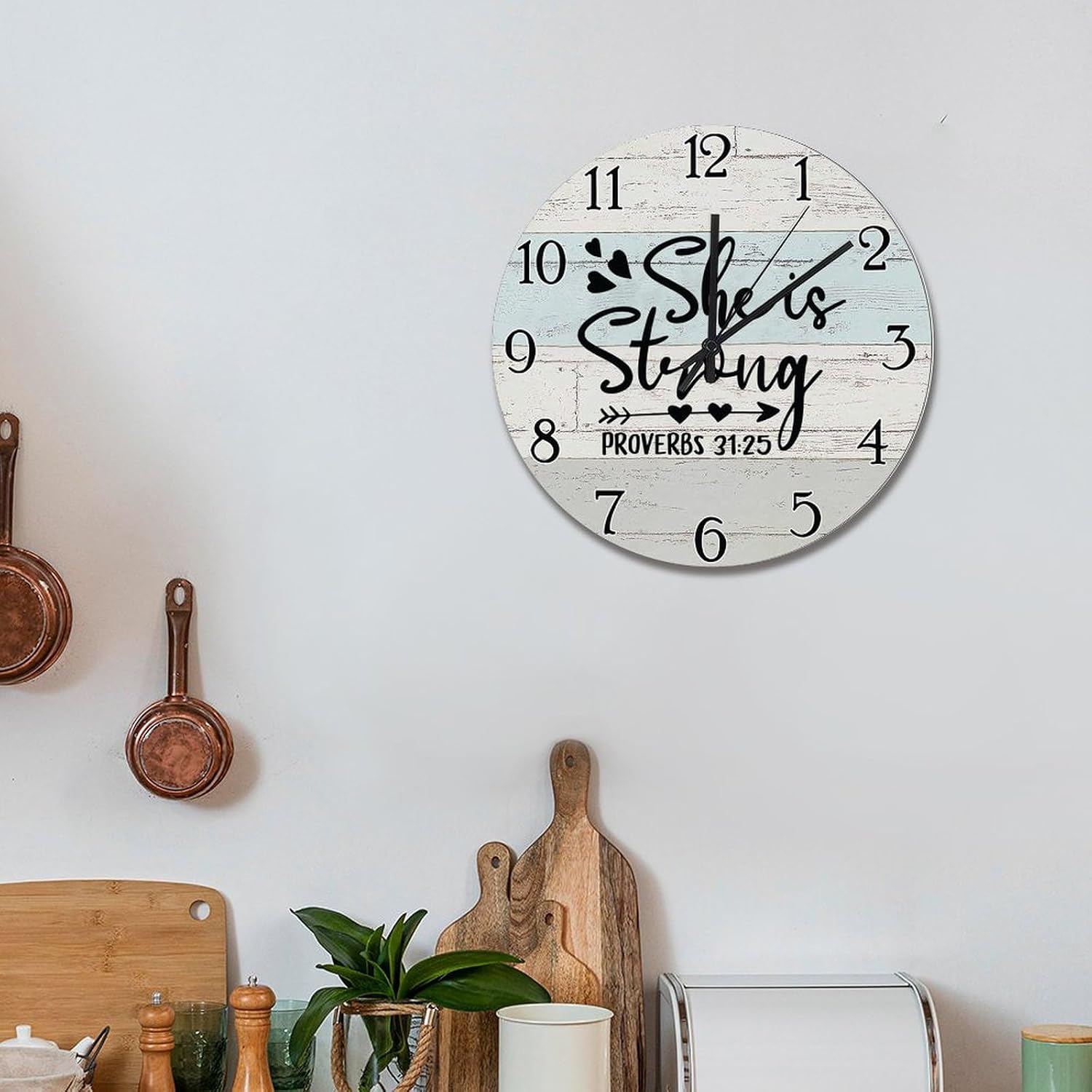 She is Strong Clock Wall Clocks Battery Operated Scripture Print 15 Inch Silent Non-Ticking Modern Boho Men Cave Living Room Decor Gift for Man Woman Friend Anniversary
