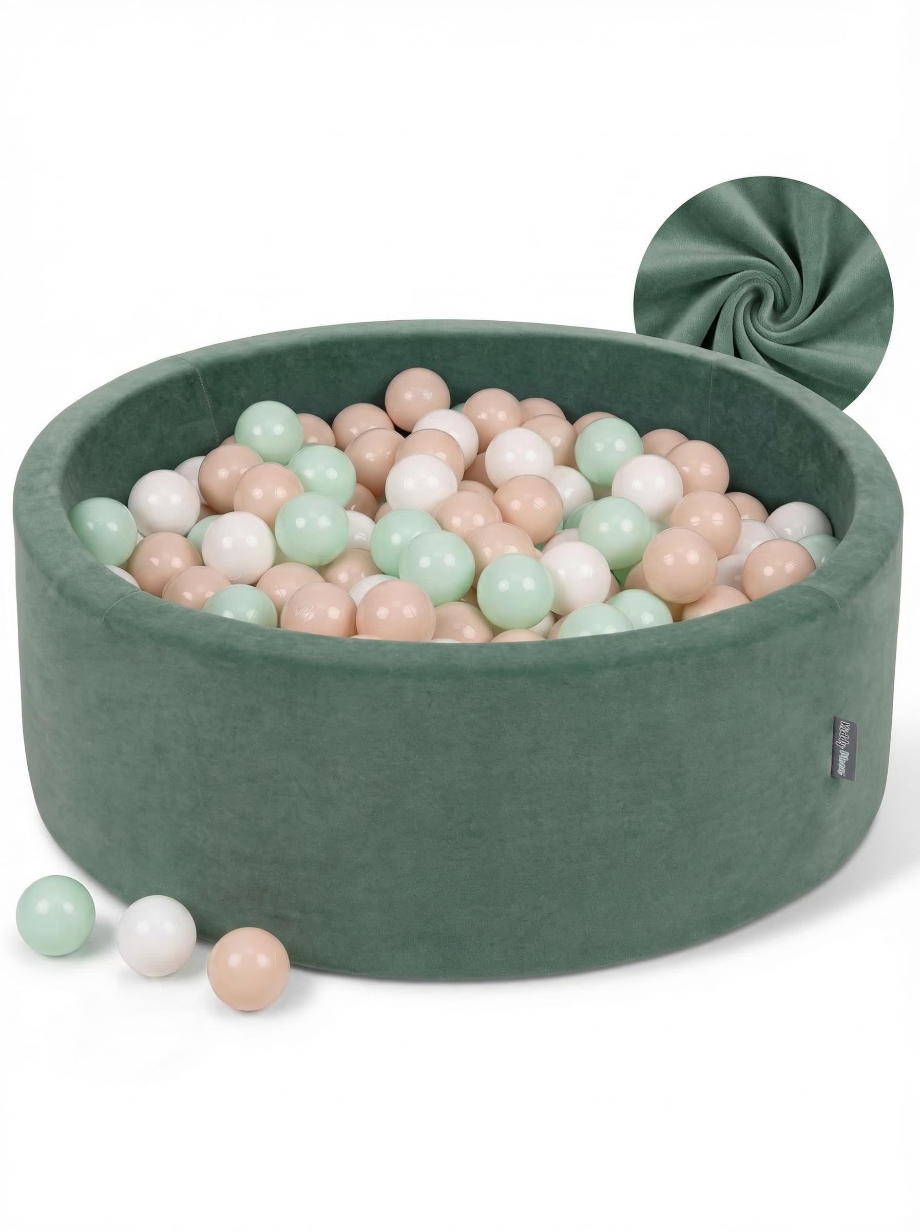 KiddyMoon Soft Ball Pit Round 90X30cm/200 Balls ∅ 7Cm / 2.75In For Kids, Foam Velvet Ball Pool Baby Playballs, Made In EU, Forest Green:Pastel Beige/White/Mint — image 1