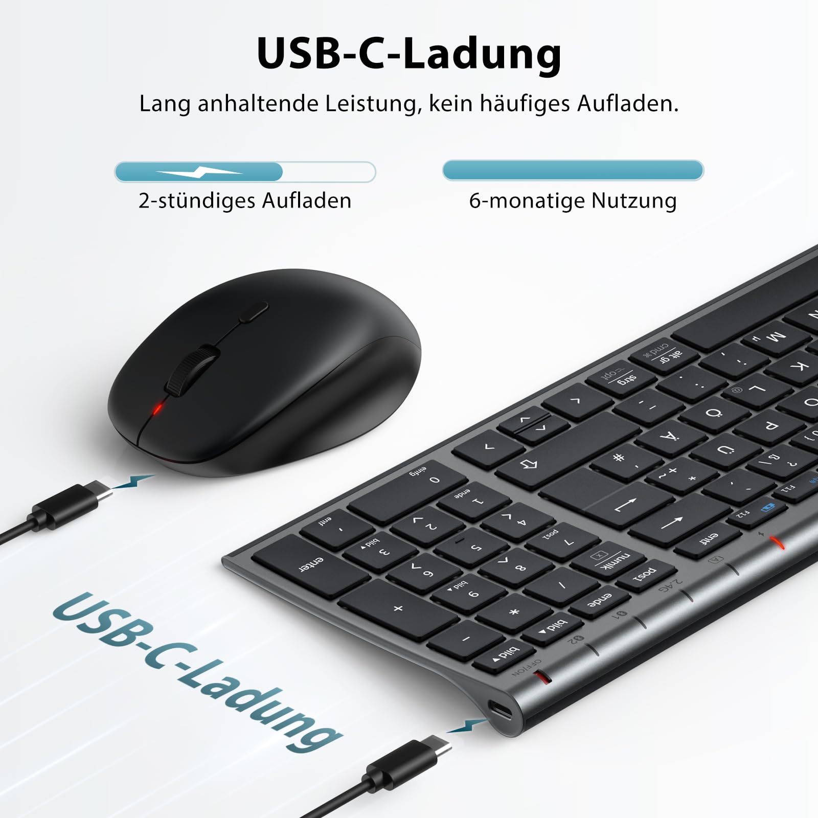 iClever Ensemble clavier et souris sans fil, clavier Bluetooth avec souris, Bluetooth + 2,4 G, 3 appareils simultanément, USB-C, rechargeable, silencieux, QWERTZ pour Windows, Mac, PC, iPad, Android