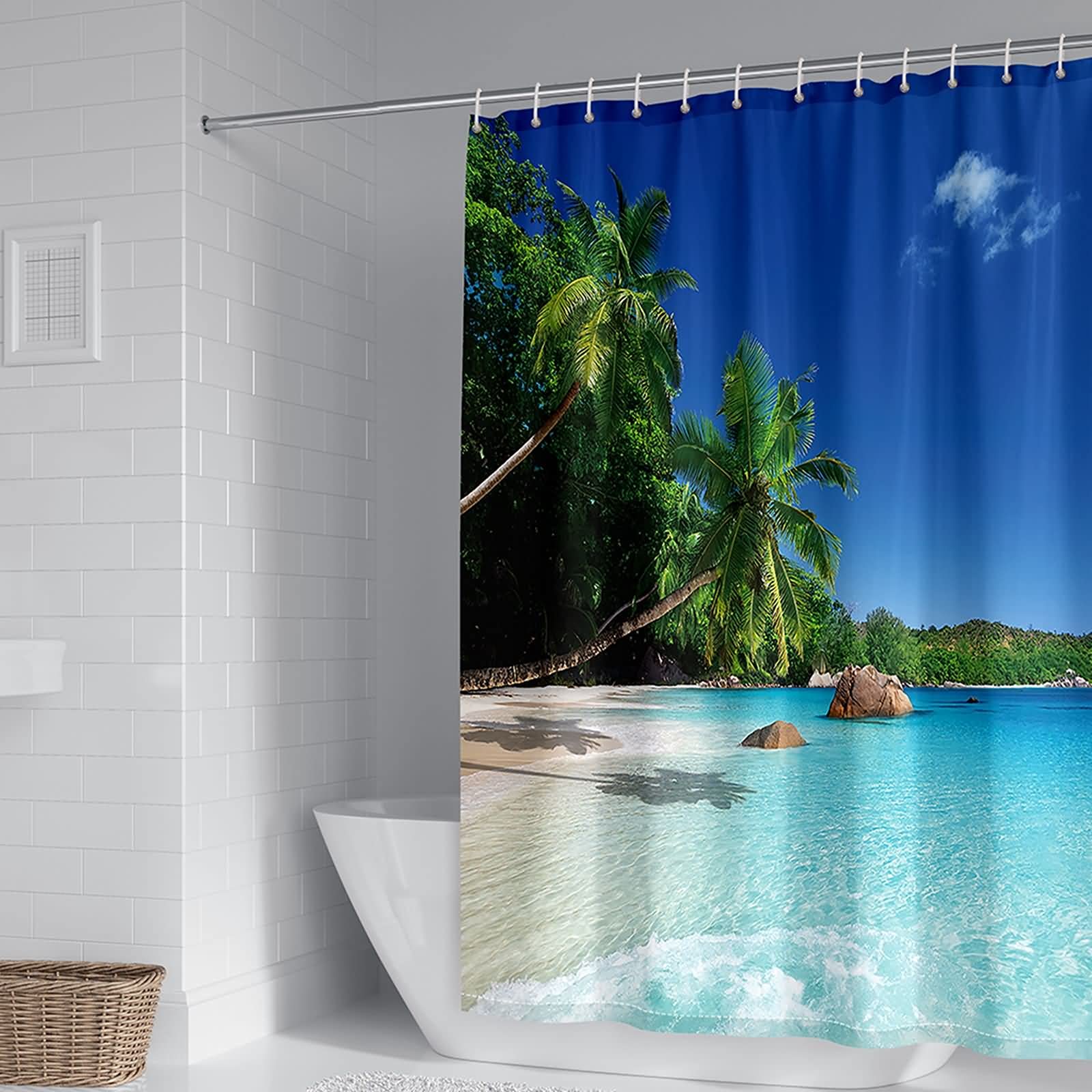 Rideau de douche polyester avec motif mer et cocotier pour un decor moderne et impermeable