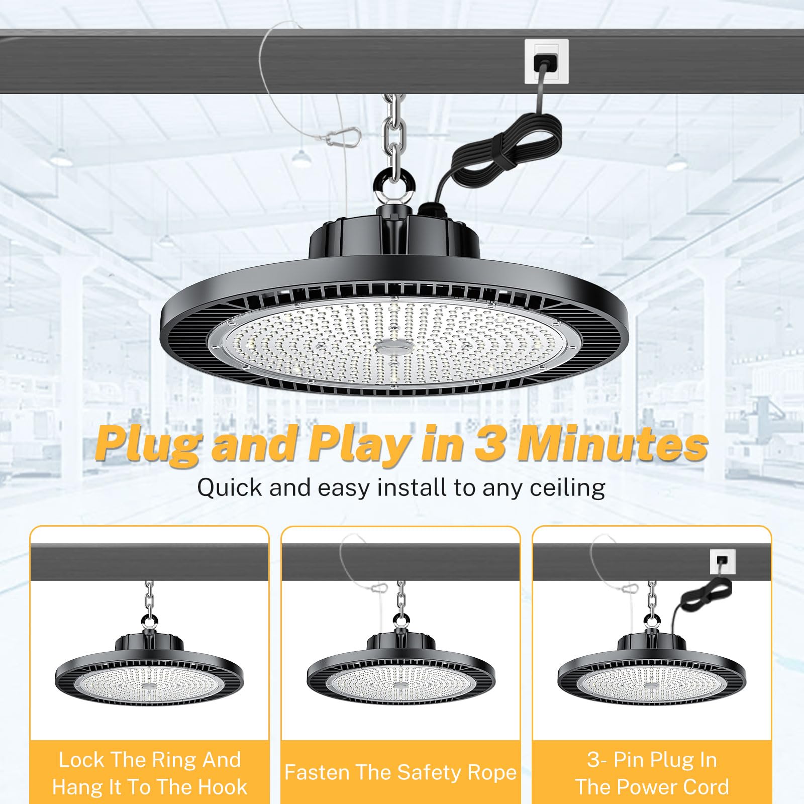 Super Bright 200W UFO LED High Bay Lights 30000Lm 5000K Daylight AC100-277V Play Plug 5ft Cable High Bay — view 7