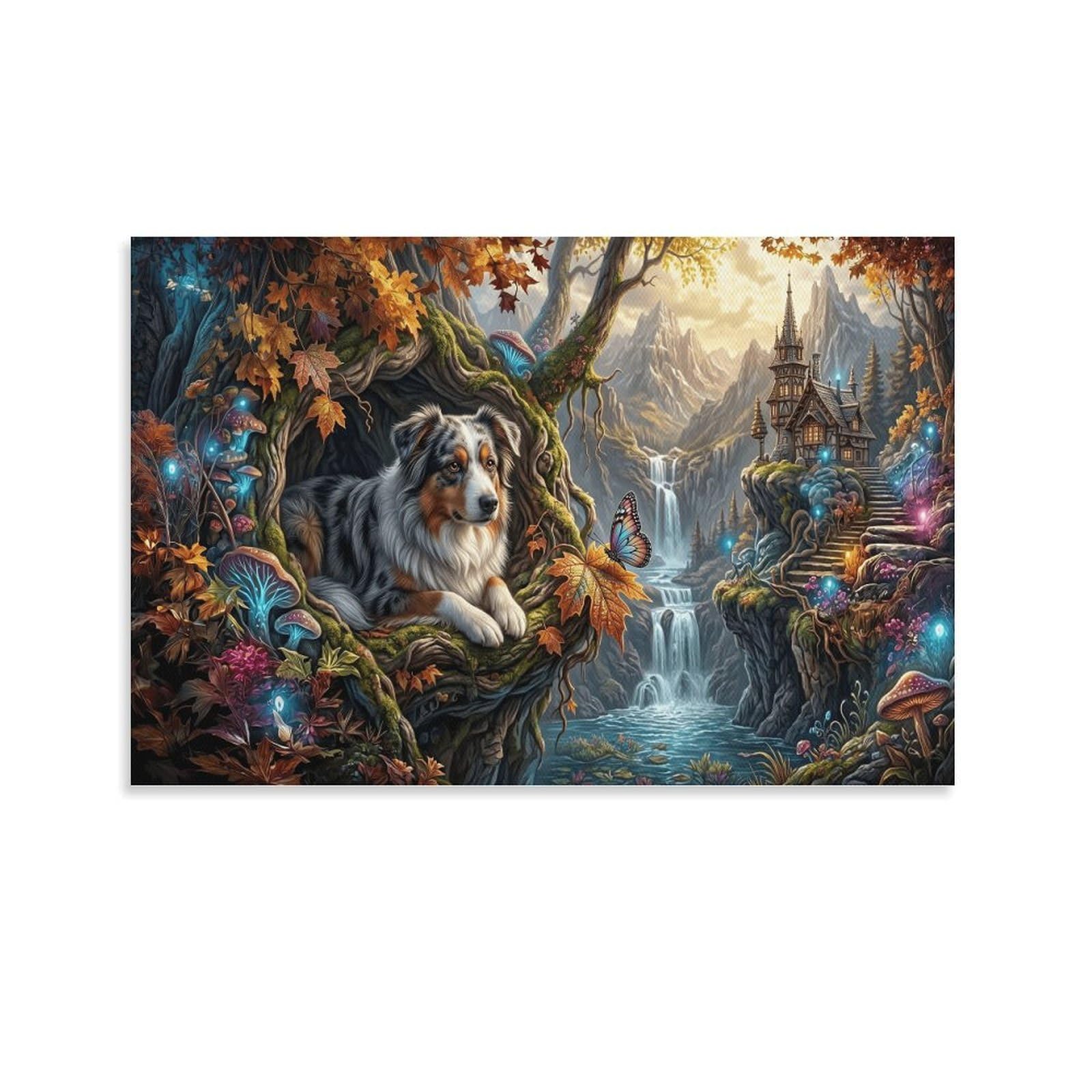 XPASHIQWC Australian Shepherd Poster Artwork Forest Hollow Tree Giclee Canvas Prints Modern Wall Art Picture Wall Hanging for Dining Room Kitchen Home Office Decor 24x36inch(60x90cm)