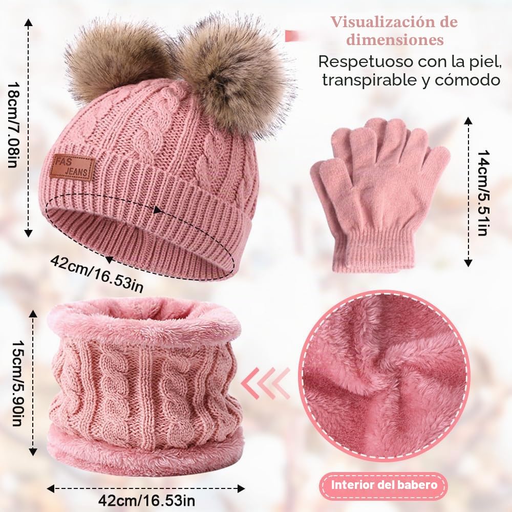 Mineup Conjunto de Gorro, Bufanda y Guantes para Niños - Set de Invierno para Niña de 3 a 8 Años (Rosa)