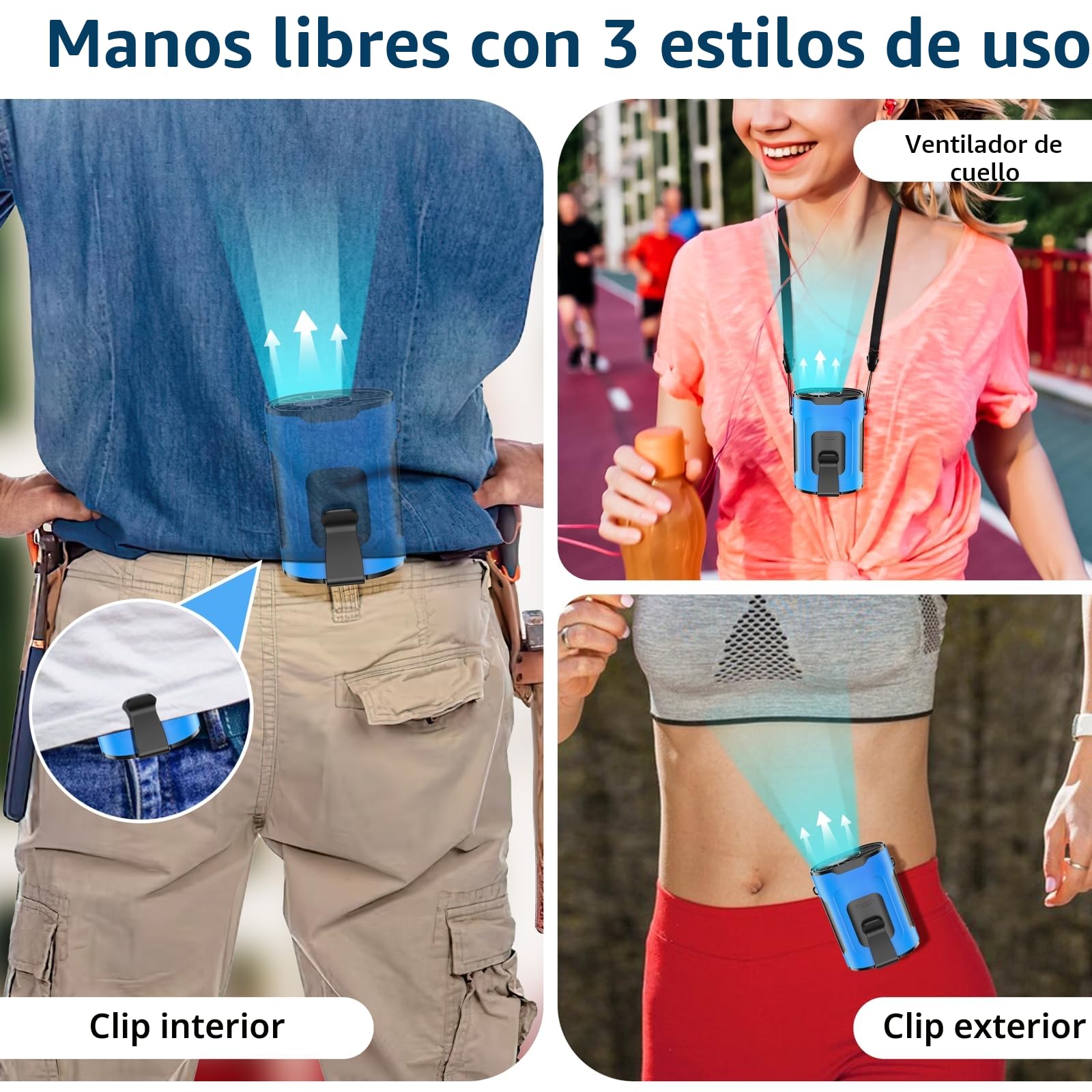 Picozon Ventilador Inteligente Portátil con IA，Recargable con 4 velocidades ajustables, Diseño manos libres y portátil (clip para cintura y collarín) - Azul