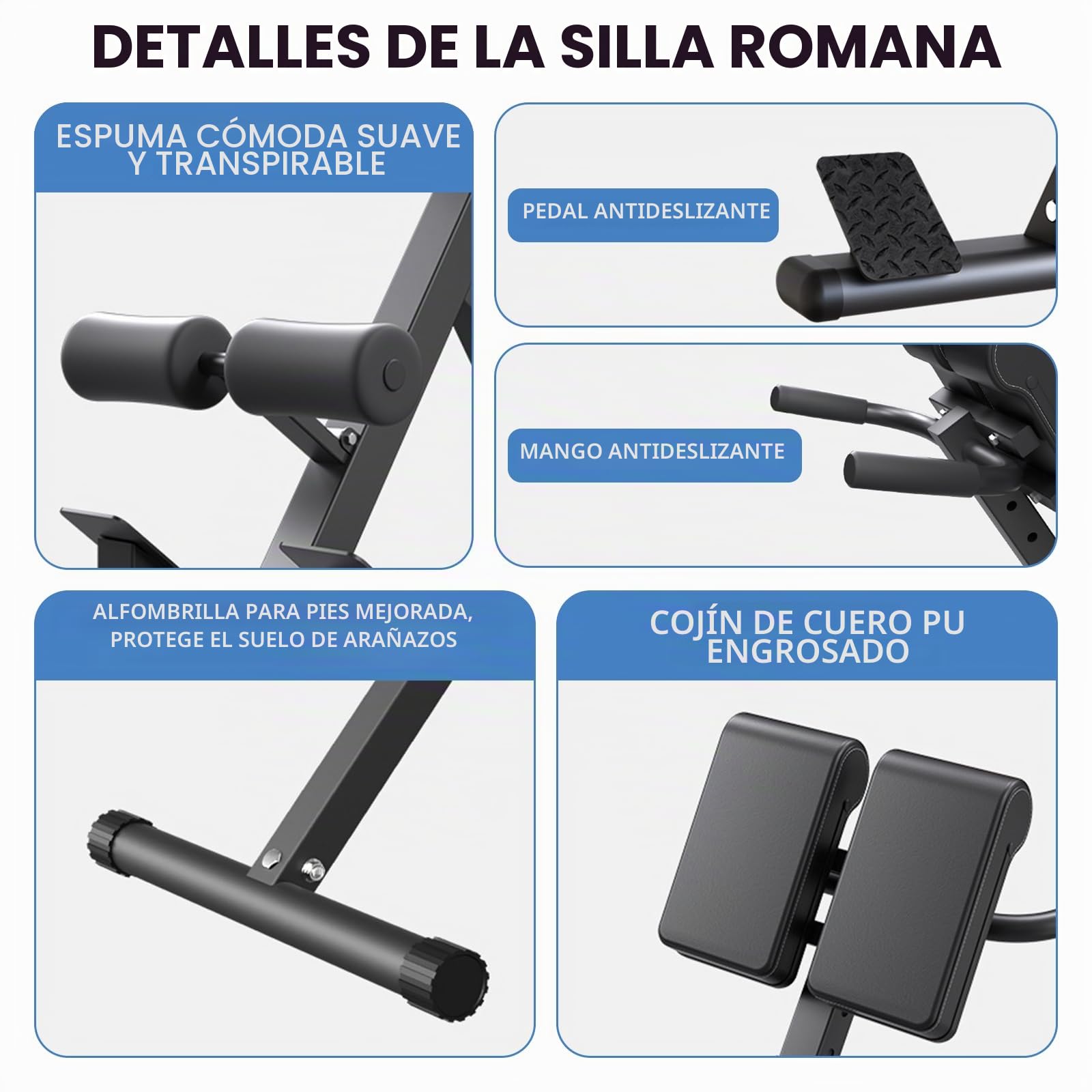 Hyperextension - Silla romana plegable con extensión de espalda y entrenador abdominal, 8 sillas romanas ajustables, banco de hiperextensión, glúteos, isquiotibiales, entrenamientos abdominales