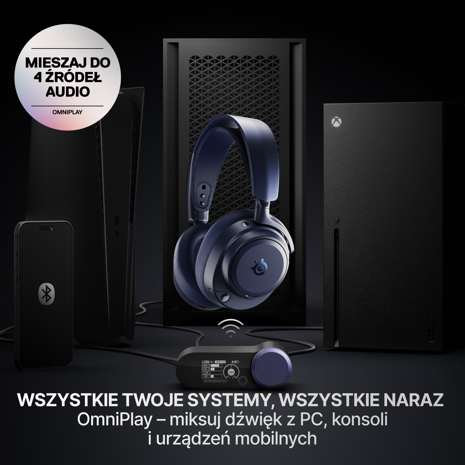 SteelSeries Arctis Nova Pro Omni – Bezprzewodowy dźwięk Hi‑Res, 96kHz/24bit, ANC, mikrofon ClearCast Pro, redukcja szumów AI, aplikacja mobilna, Mix 2,4GHz + BT, OmniPlay PC+PS5+Xbox – Midnight Blue