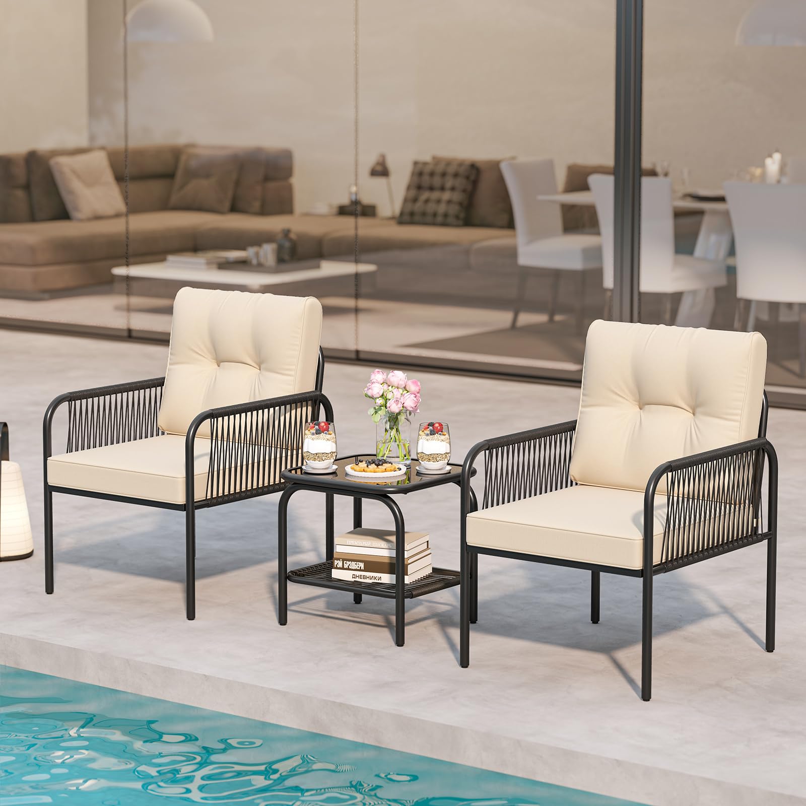 COSTWAY Conjunto Jardin Exterior de Ratan PE 3 Piezas, Mesa de Vidrio Templado, 2 Sillas con Cojines, Mesa y Sillas Muebles Jardin Terraza Balcon Exterior