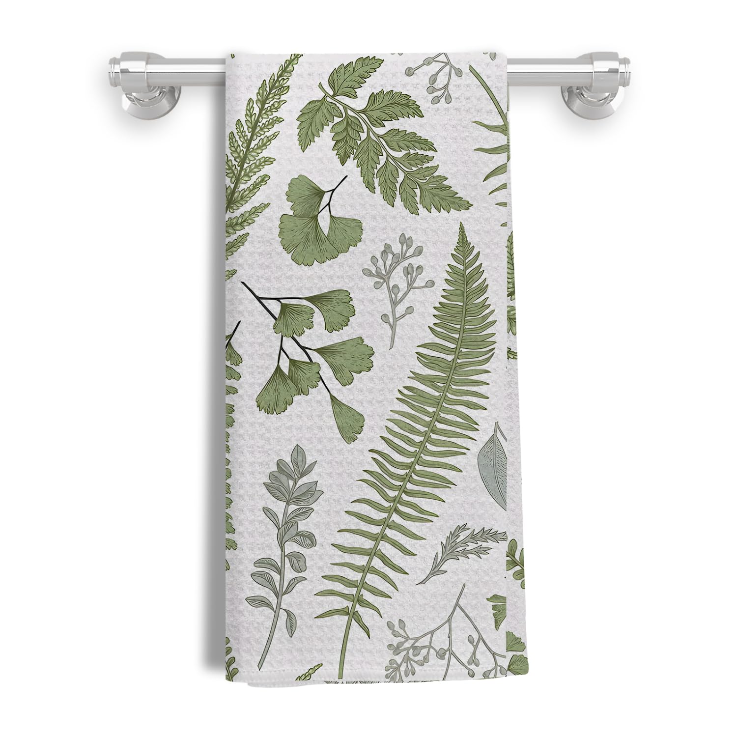 Kemingni Green Fern Leaf Kitchen & Bath Towels - Vintage Botanical Herbs Towels, 16x24 Inches