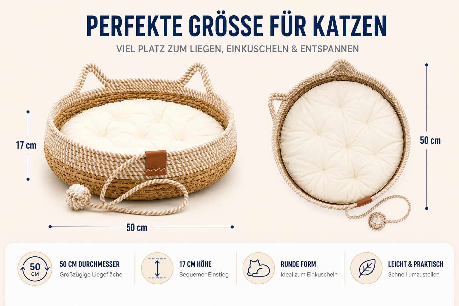 Katzenbett mit Kissen, 50cm Waschbar Katzenkorb Katzenbett Katzenhöhle Haustierbett mit Kissen und Spielball aus Sisal geflochten, zum Schlafen für Alle Katze