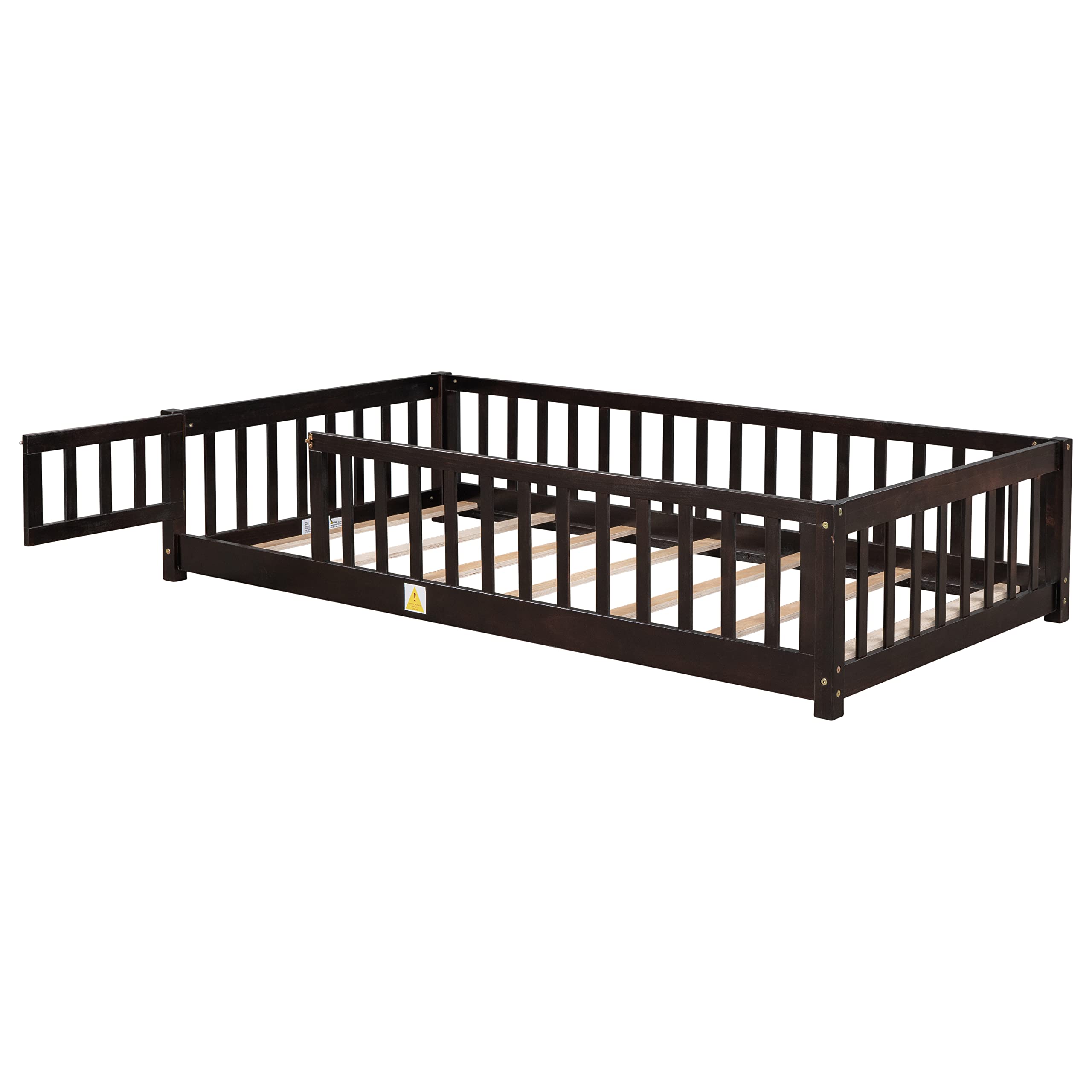 Dolonm Twin Size Montessori Bed, Toddler Floor Bed for Kids, Floor Platform Bed with Fence Guardrails and Door, Montessori Floor Bed Frame, Wooden Floor Bed Toddler, Espresso