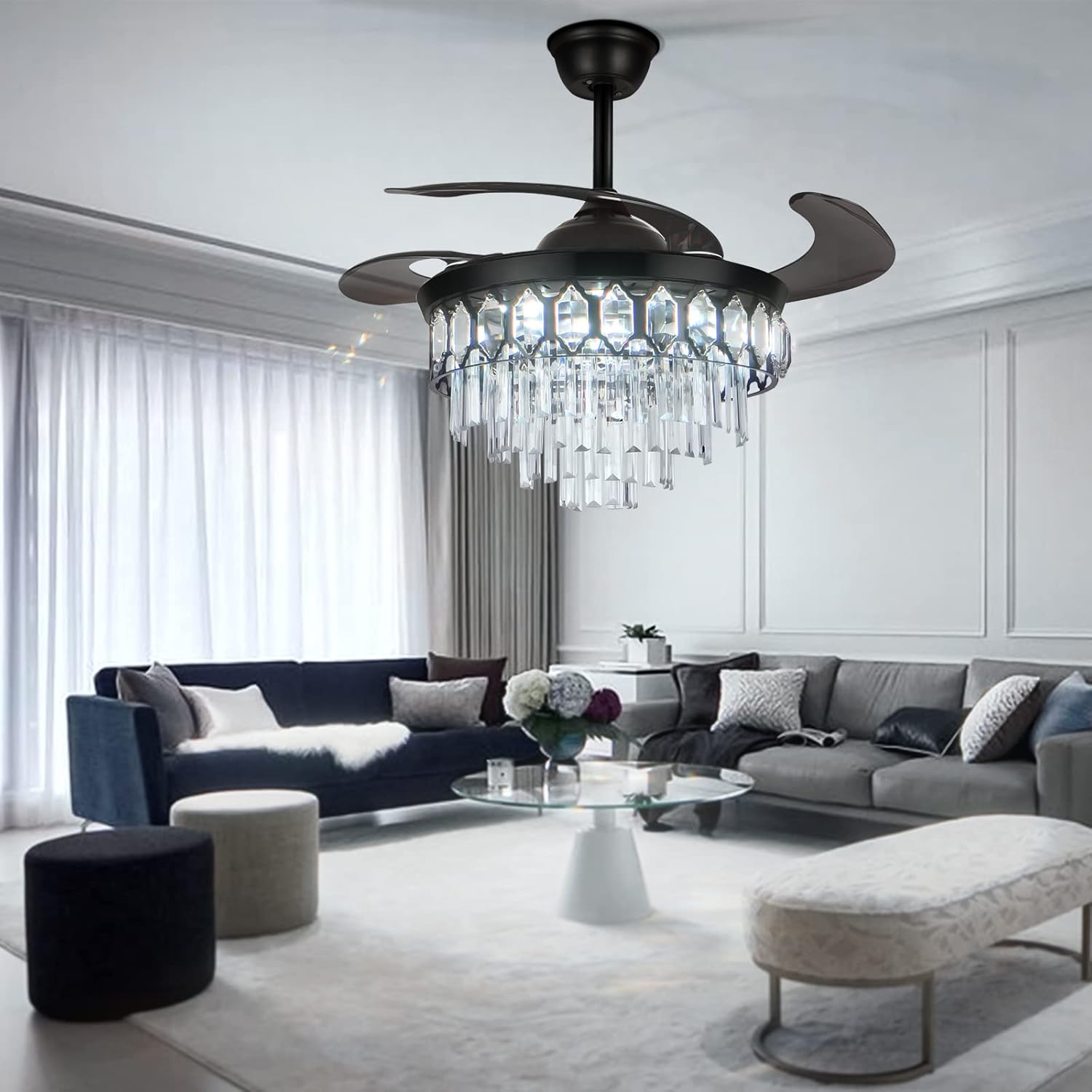 A Million 42" Modern Ceiling Fan with Light Crystal Black Chandelier Remote Retractable Amber Blades 3 Speeds 3 Colors Ceiling Fans Lighting Fixture, Silent Motor with LED Kits Included