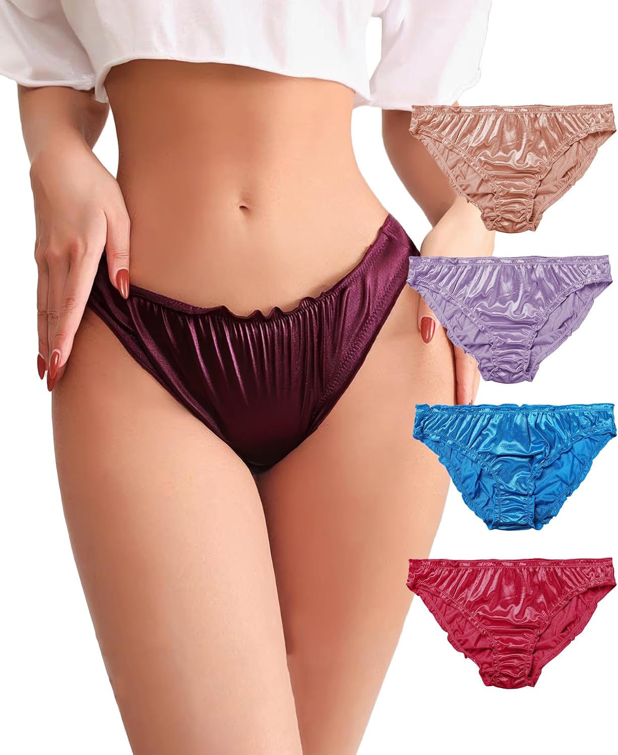Satin Bikini Panties for Women, Frill Trim Ruched Cheeky Underwear, Low Rise Shiny Panties Silky Bikini Briefs