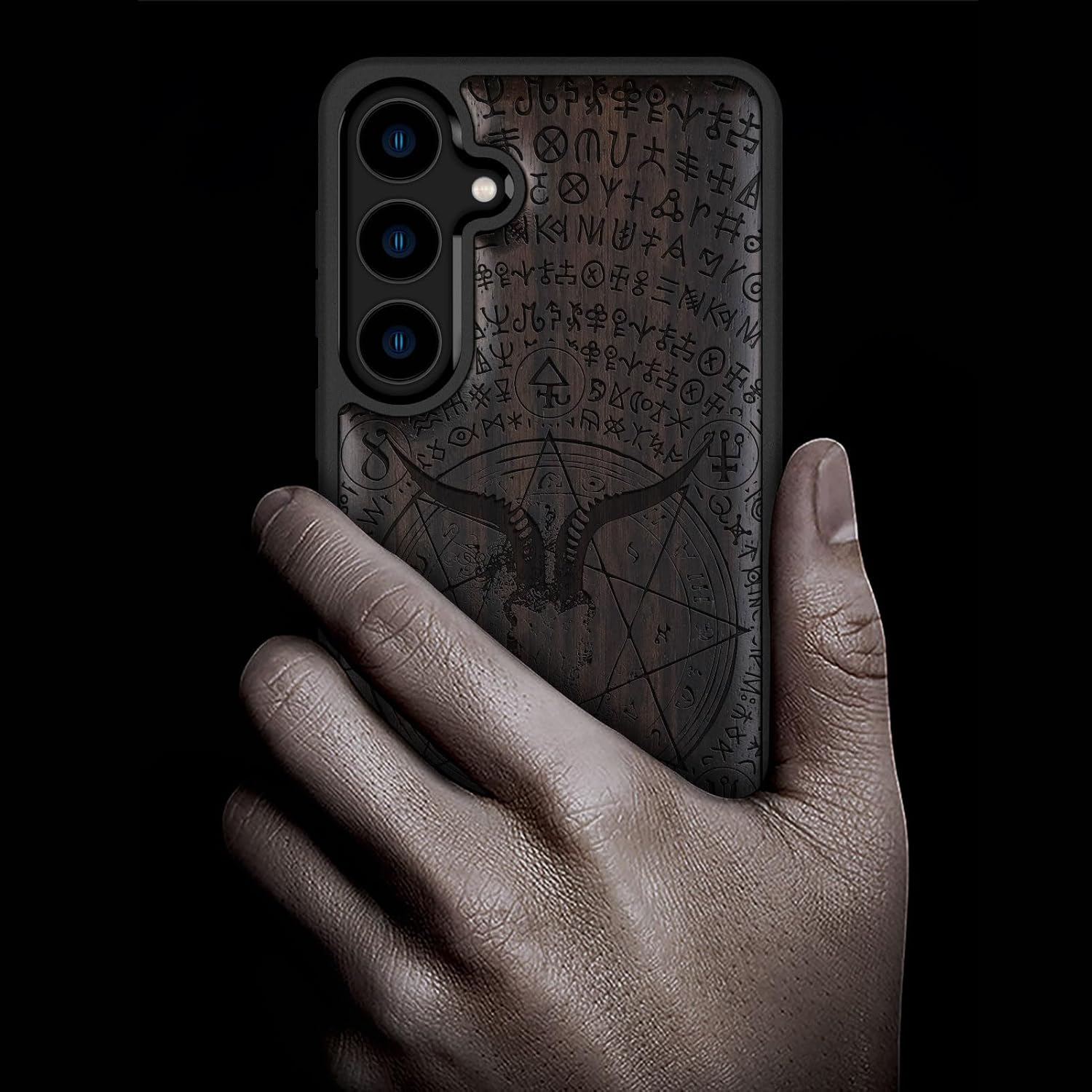 Carveit Wood Case for Galaxy S24 Case [Natural Wood & Black Soft TPU] Shockproof Protective Cover Unique Wooden Design Compatible with Samsung S24 (Goat Skull and Pentagram-Blackwood)