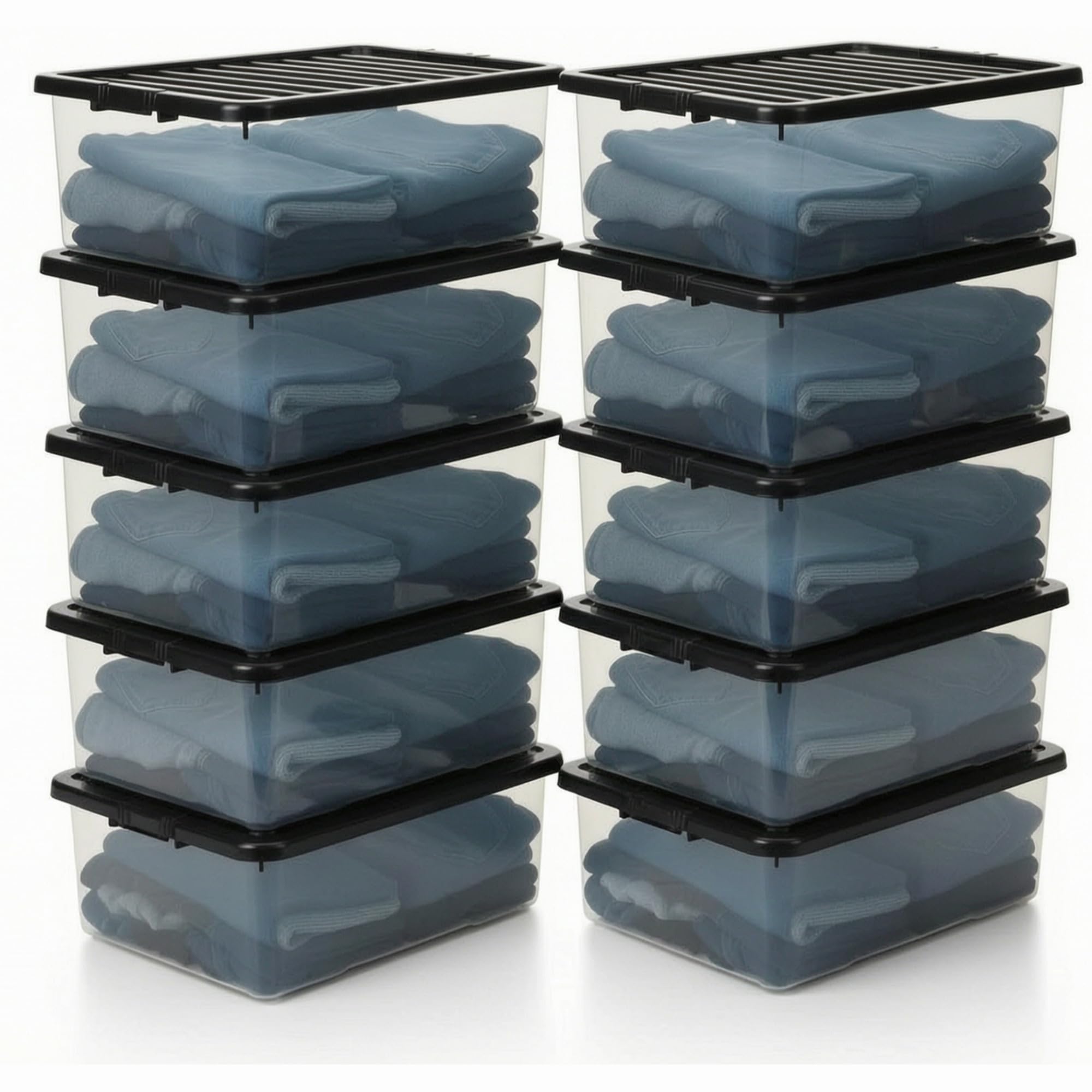 10x 32L Clear Underbed Storage Box with Black Clip-On Lid β Slim Plastic Storage Container, Space-Saving Multipurpose Stackable & Nestable Organisers for Clothes, Bedding, Shoes, Toys & Household Item