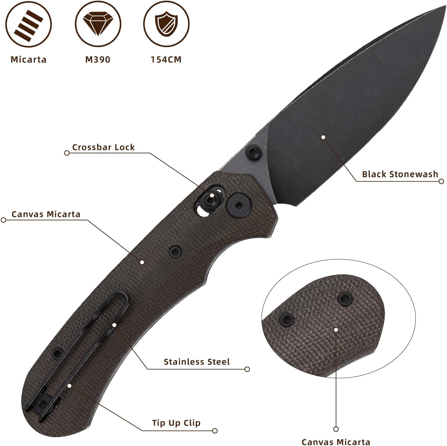 Folding Pocket Knife, 3.31'' 154CM Blade EDC Knife, Erogonomic Canvas Micarta Handle, Pocket Knives for Men, Hunting, Hiking, Survival Knives (Green)
