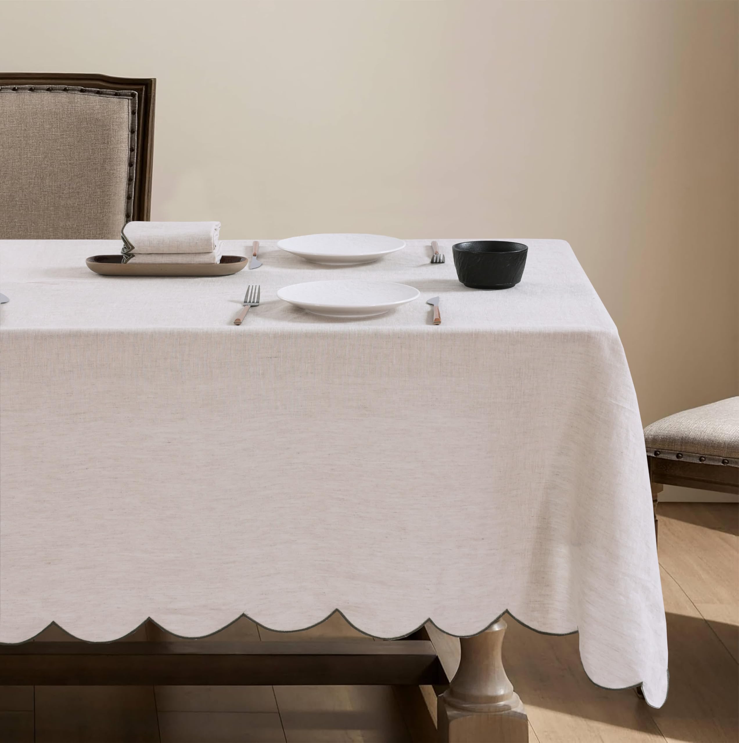 Photo 1 of AORISSI 100% French Flax Linen Tablecloths Scalloped Embroidery Rectangle 120Lx60W Inch for Dinners, Parties, Spring, Machine Washable, 10-12 Sets, Linen(Edges-Green)