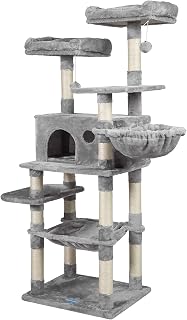 Hey-brother Multi-Level Cat Tree Condo for Large Cats, Cat Tower with Scratching Board, Padded Plush Perch and Cozy Basket Light Gray MPJ0025W