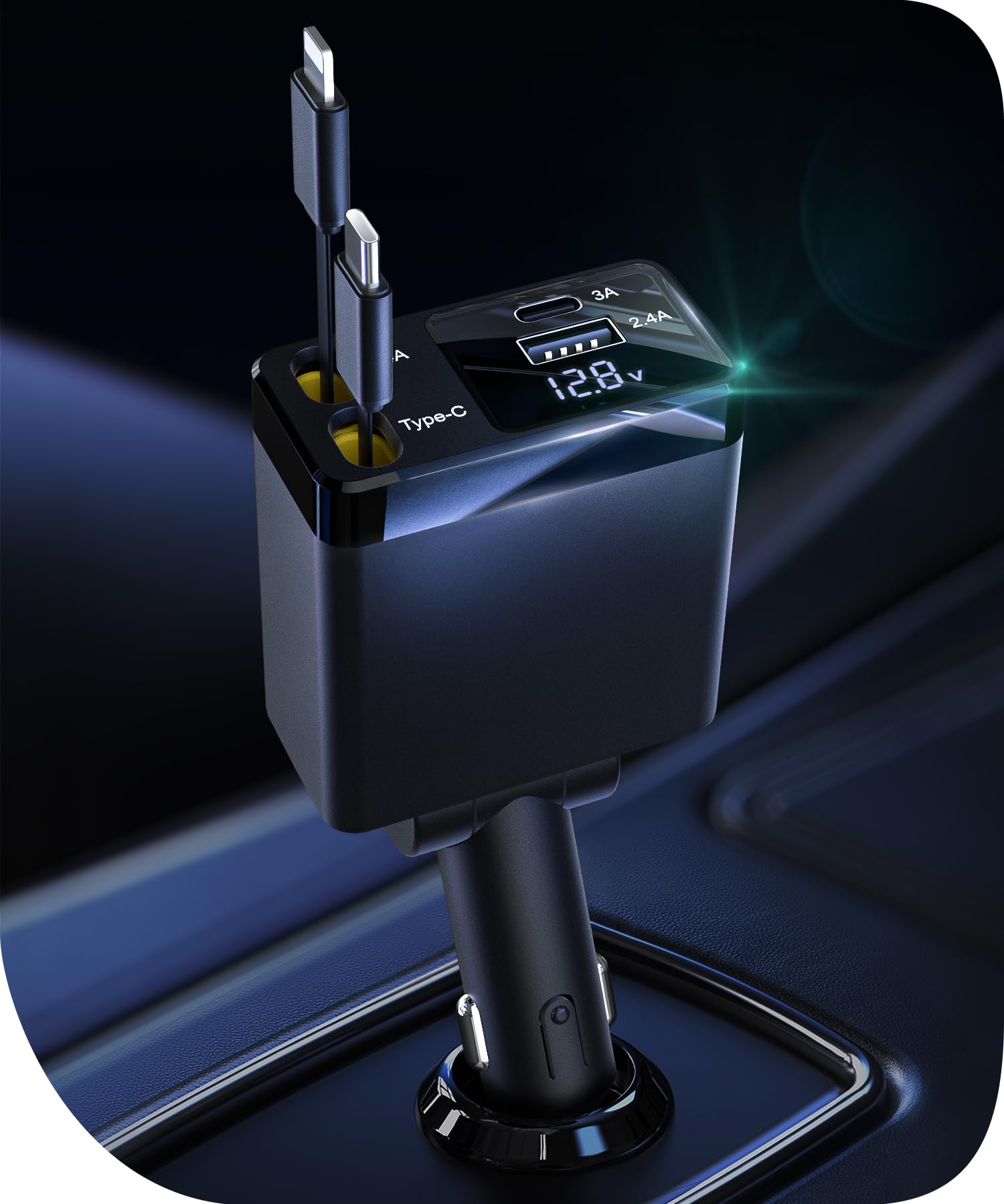 Retractable Car Charger 4-in-1 Fast Charging - 2.6ft Cord for Backseat Charging, Compatible with iPhone 16/Android, Compact & Tangle-Free Design