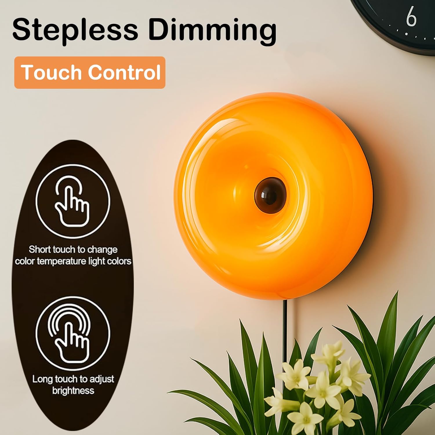 Bofea-Modern Orange Donut Lamp,Plug-in Bedside Lamp Or Plug-in Wall Sconces,Mid Century Modern Decor Wall Mount Lamps,Creative Orange Light for Living Room,Reading Room,Hallway Ambient Lighting