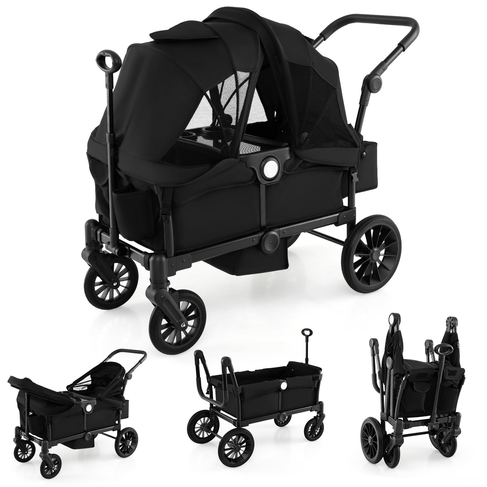 GYMAX Foldable Wagon for Kids to Sit in, Push Pull Double Stroller with Adjustable Handle, Removable Canopy, Cup Holder & Food Tray, Portable Push Pull Cart for Babies 6+ Months Old (Black)