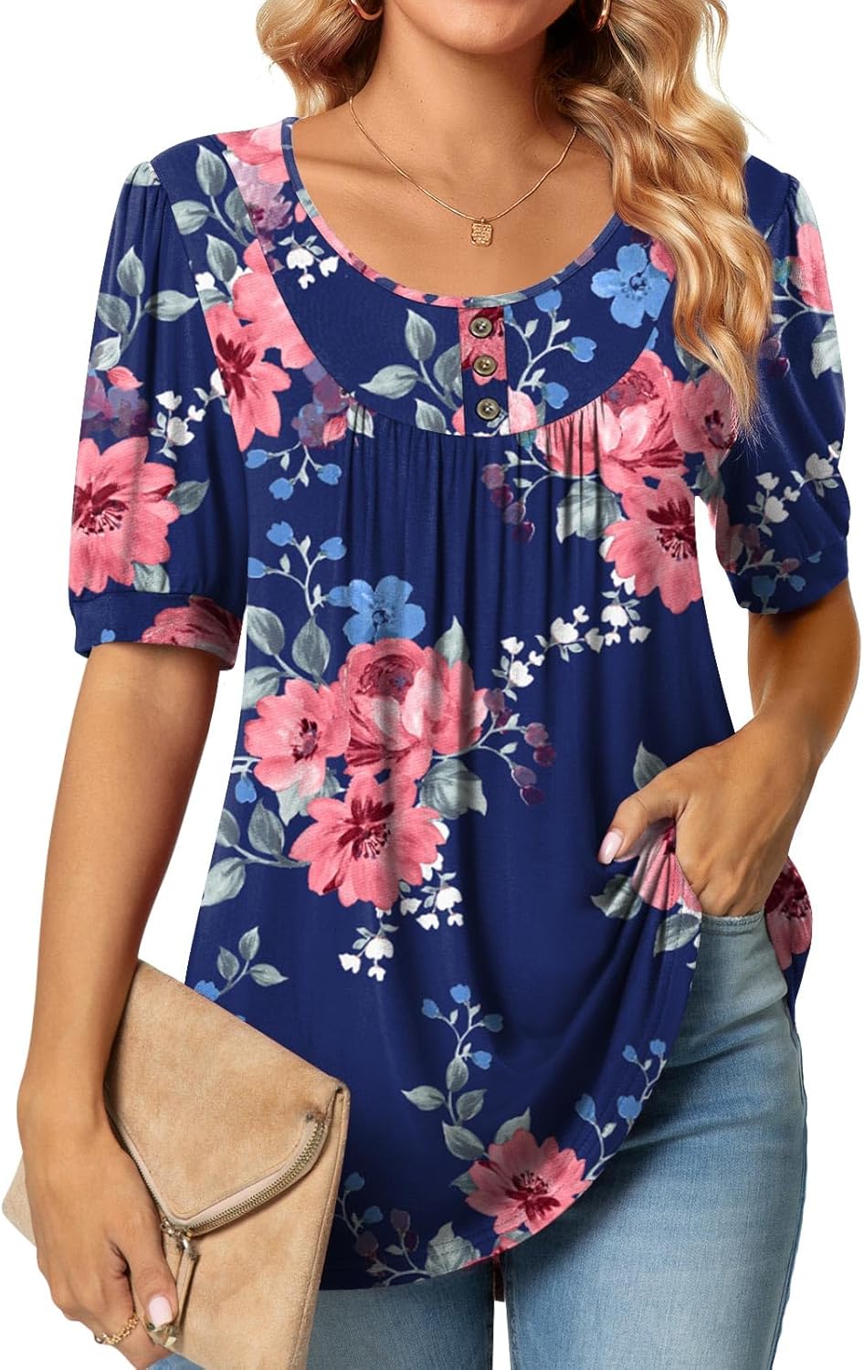 POPYOUNG Women's Tunic Loose Fit Dressy Blouse Ladies Elbow Sleeve Tops Wear with Leggings