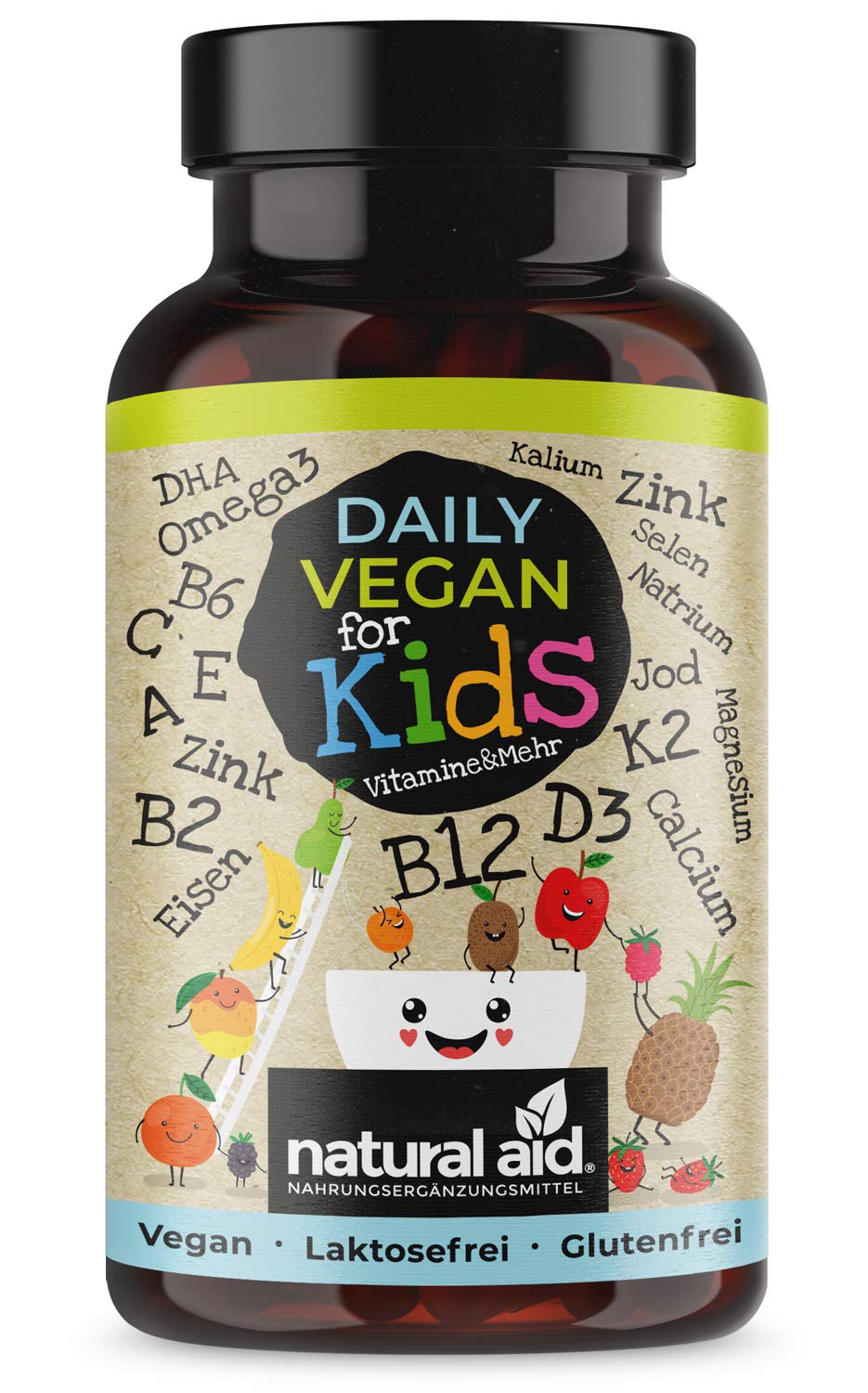 natural aid Daily Vegan For Kids Multivitamin Kinder Komplex - Vitamine & Omega 3 mit Vitamin D3 K2 B12 B6 A C E + Mineralien - Vegan, Ohne Zucker, 120 Kapseln, 4 Monate Vorrat