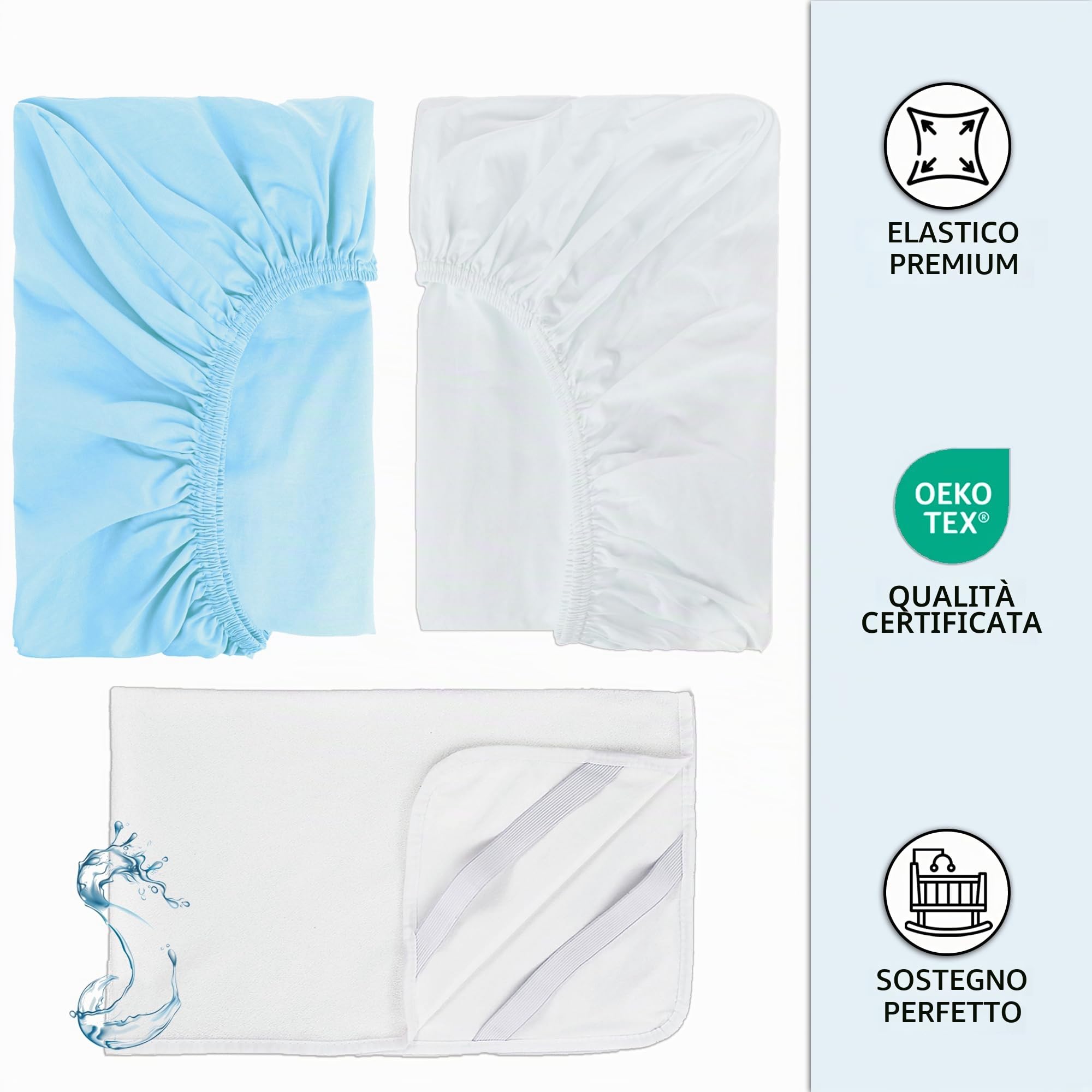 2 Lenzuola 80 x 160 cm con Angoli 100% Cotone + 1 Coprimaterasso Impermeabile - Biancheria per Lettino - Oeko-Tex- Compatibile con Letto Montessori (Bianco/Azzurro, 80 x 160 cm)