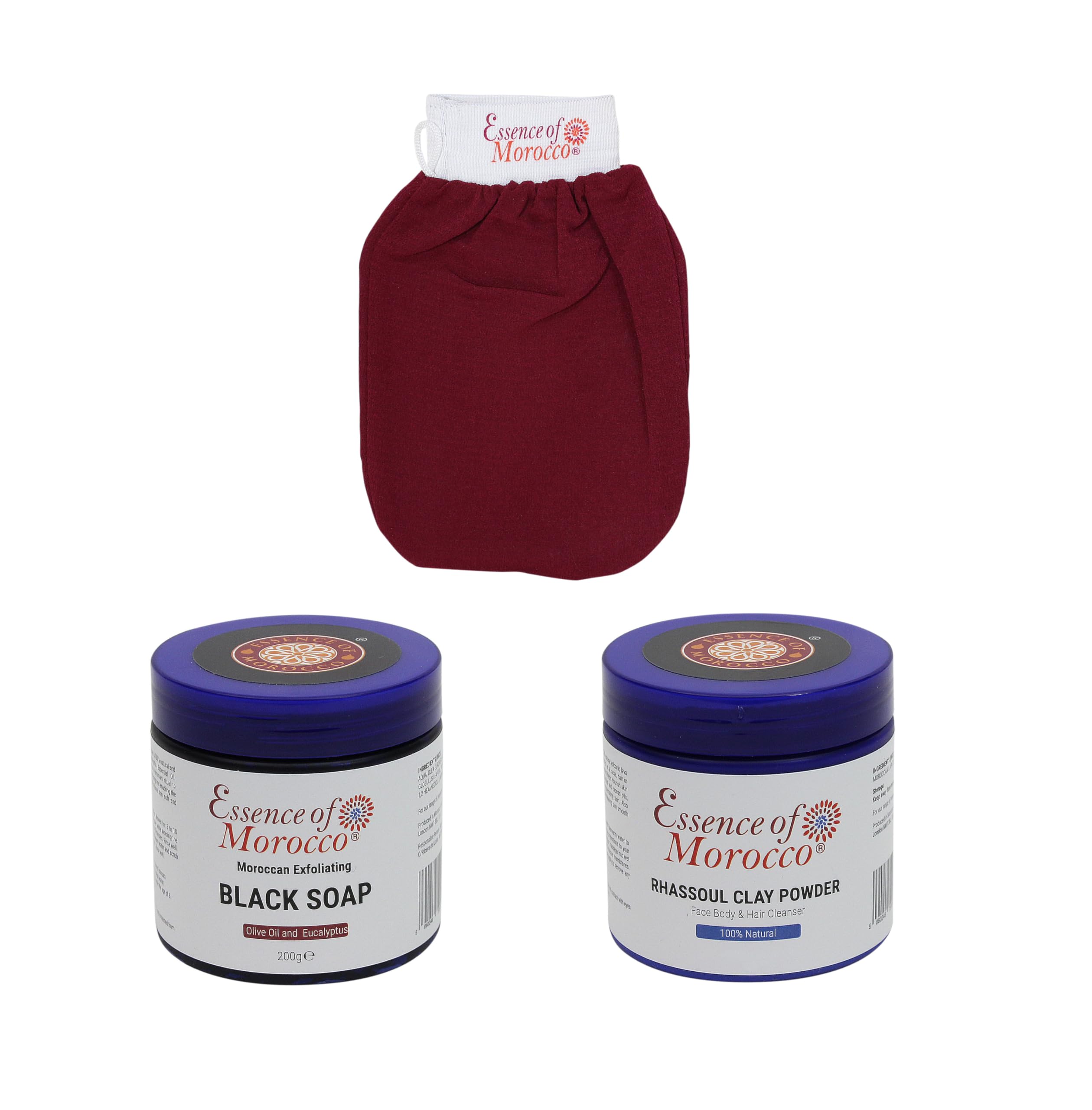 Kit Hammam Marocchino: Guanto Kessa Esfoliante, Sapone Nero Beldi, Polvere di Argilla Rhassoul per Viso Corpo e Capelli Tradizionale Hammam Marocchino a Casa