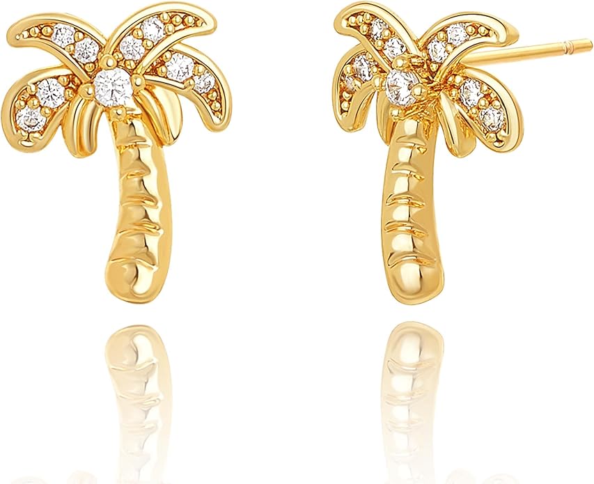FETTERO Stud Earrings for Women - 14K Gold Plated CZ Hypoallergenic Earrings Studs Dainty Black CZ Leaf Gold Earrings for Women Trendy Statement Jewelry