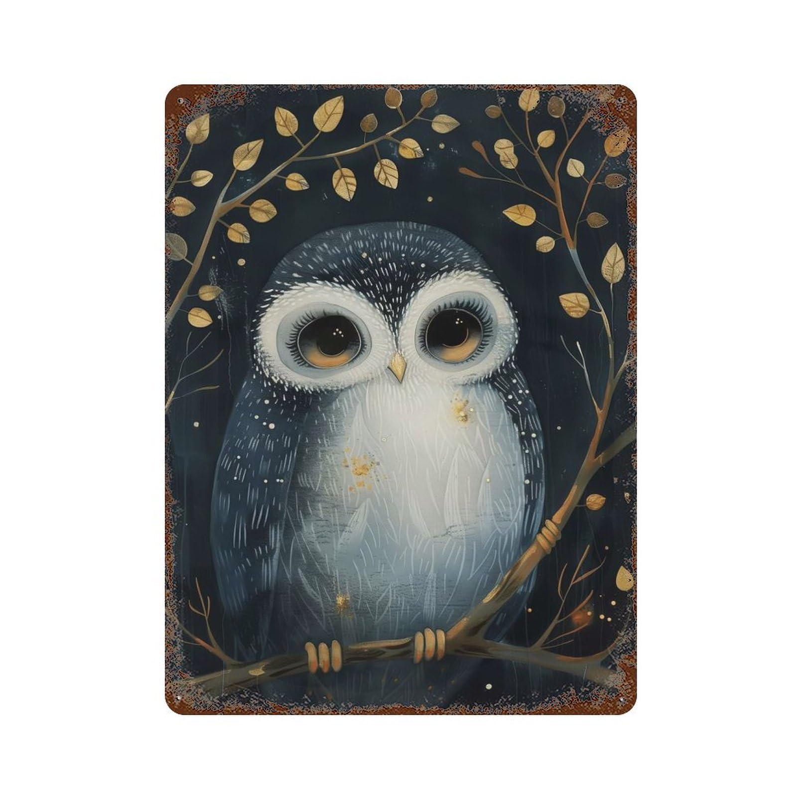 Cute Whimsical Owl 15.7"x11.8" Distressed Metal Wall Sign, Shabby Chic Decor for Office, Studio And Wall Decor