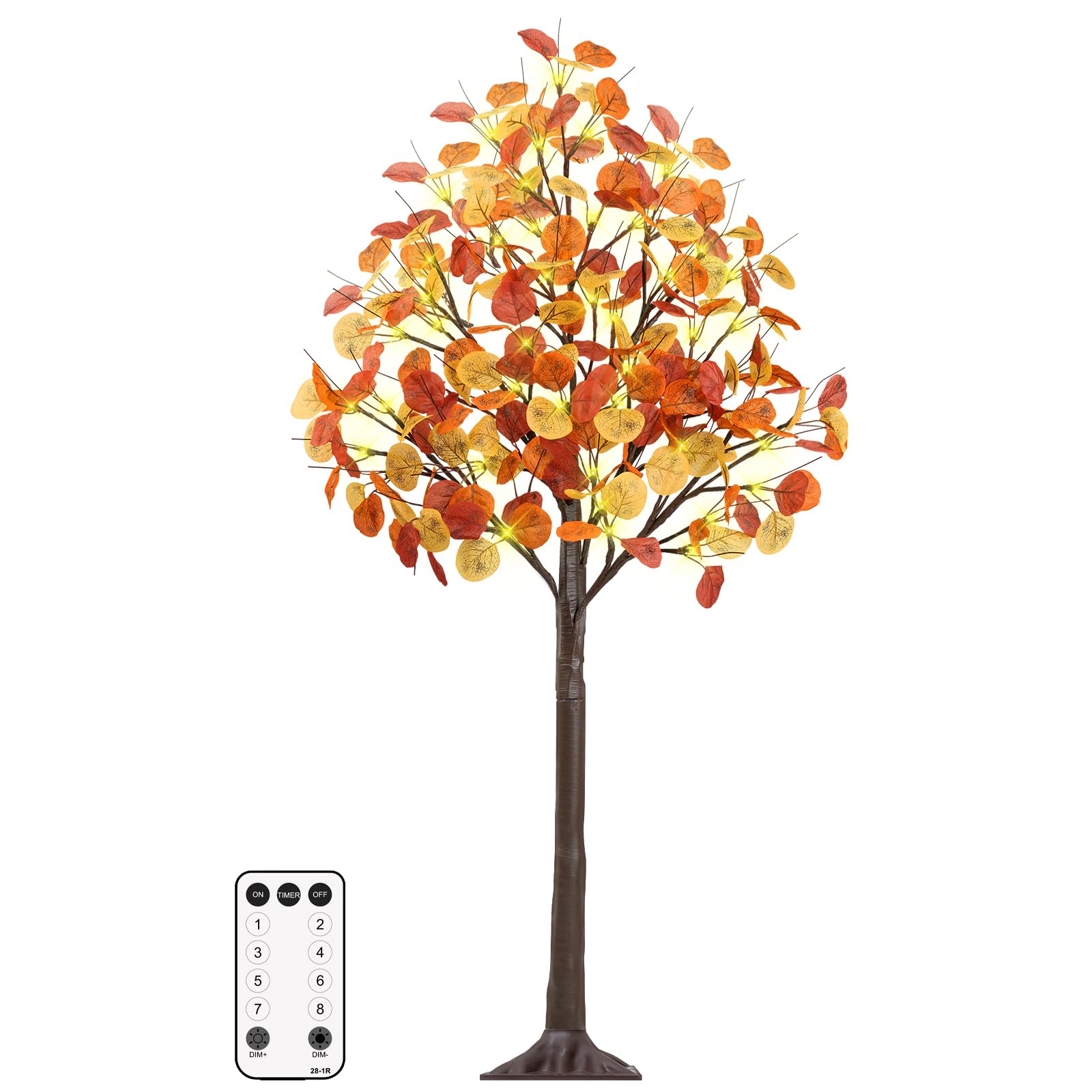 Remon 4FT Lighted Fall Tree - Artificial Fall Light Up Eucalyptus Tree with 60 Lights, 180 Leaves, Remote 8 Flashing Modes, Timing for Thanksgiving Autumn Harvest Indoor Outdoor Decorations