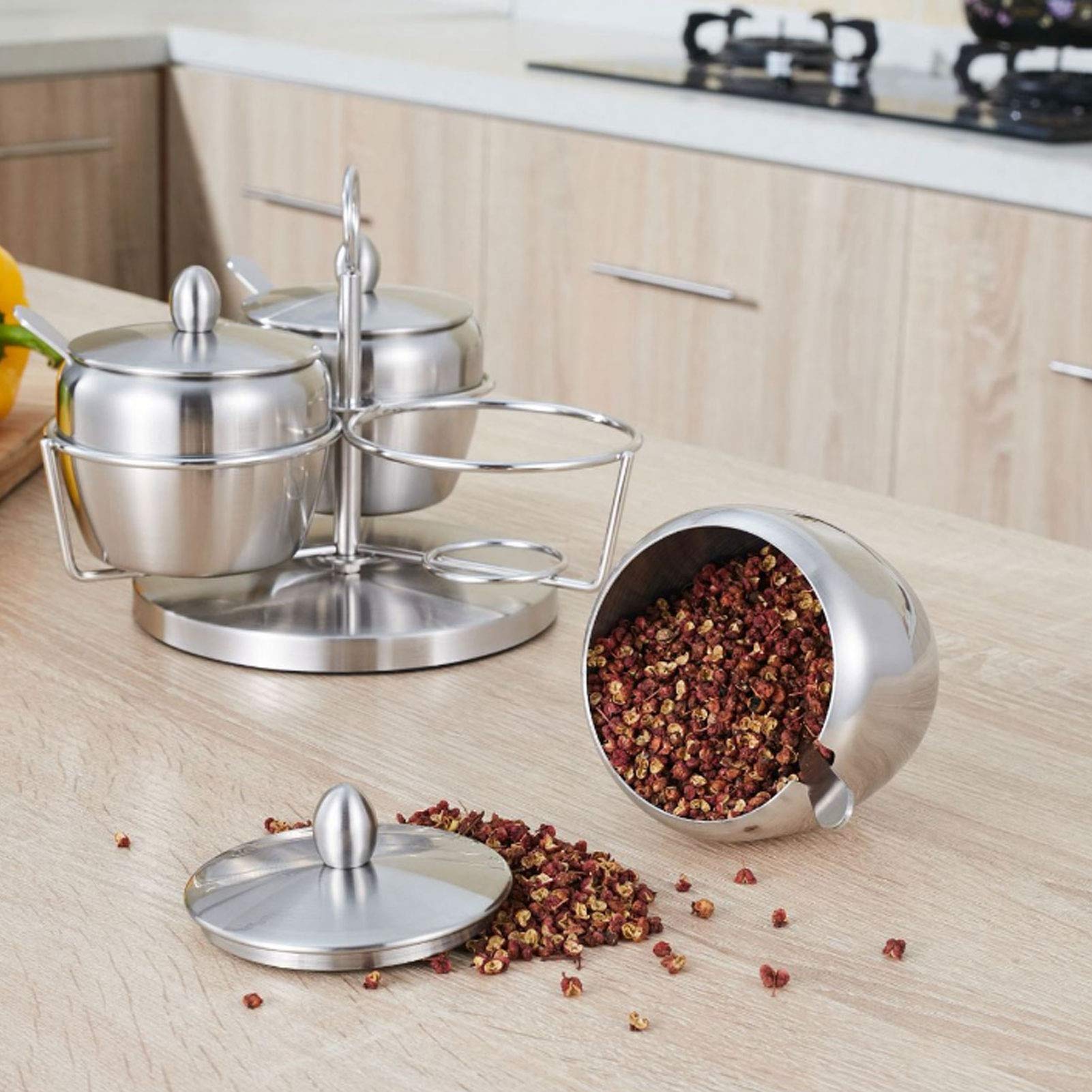 Juego de ollas para condimentos, Tarro de Especias de Acero Inoxidable con Cuchara giratoria para Cubierta de Estante de Almacenamiento, Olla para condimentos fácil de Limpiar para