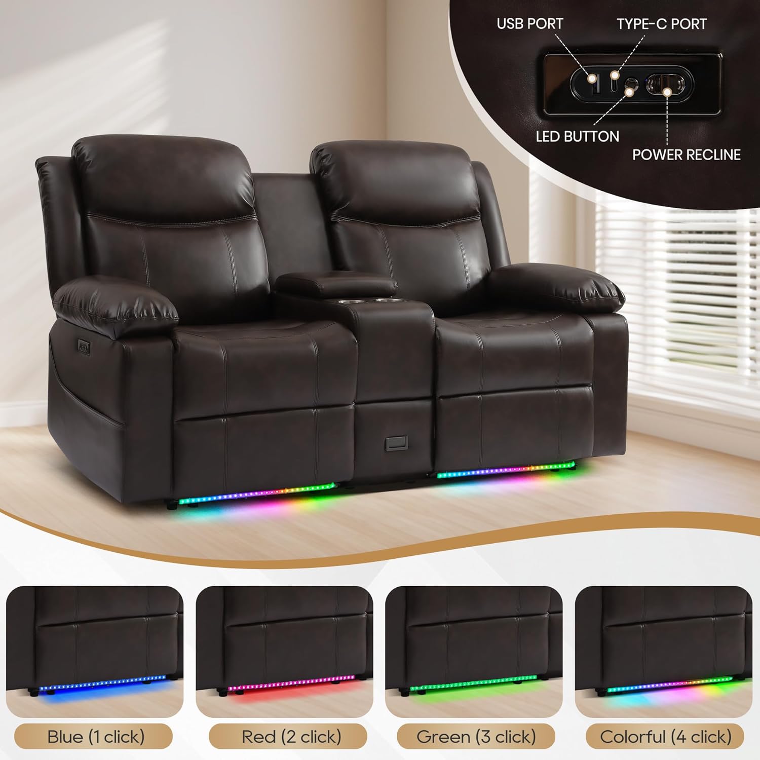 70" Power Recliner Loveseat for RV, Living Room Home Theater,Built-in LED Lighting with Multiple Modes,Wall Hugger, Oversized Leather Loveseat Couch for Camper, Trailer, Apartment,150° Recline