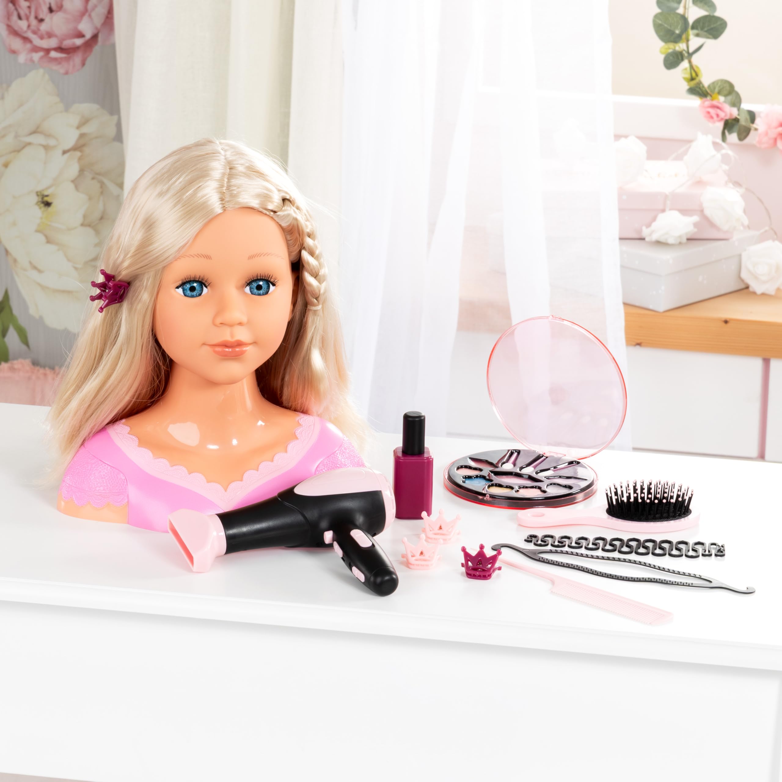 Bayer Design Charlene Super Model Testa da truccare e acconciare | Testa di bambola con accessori per capelli, strumenti per il trucco e un asciugacapelli con suoni e vento