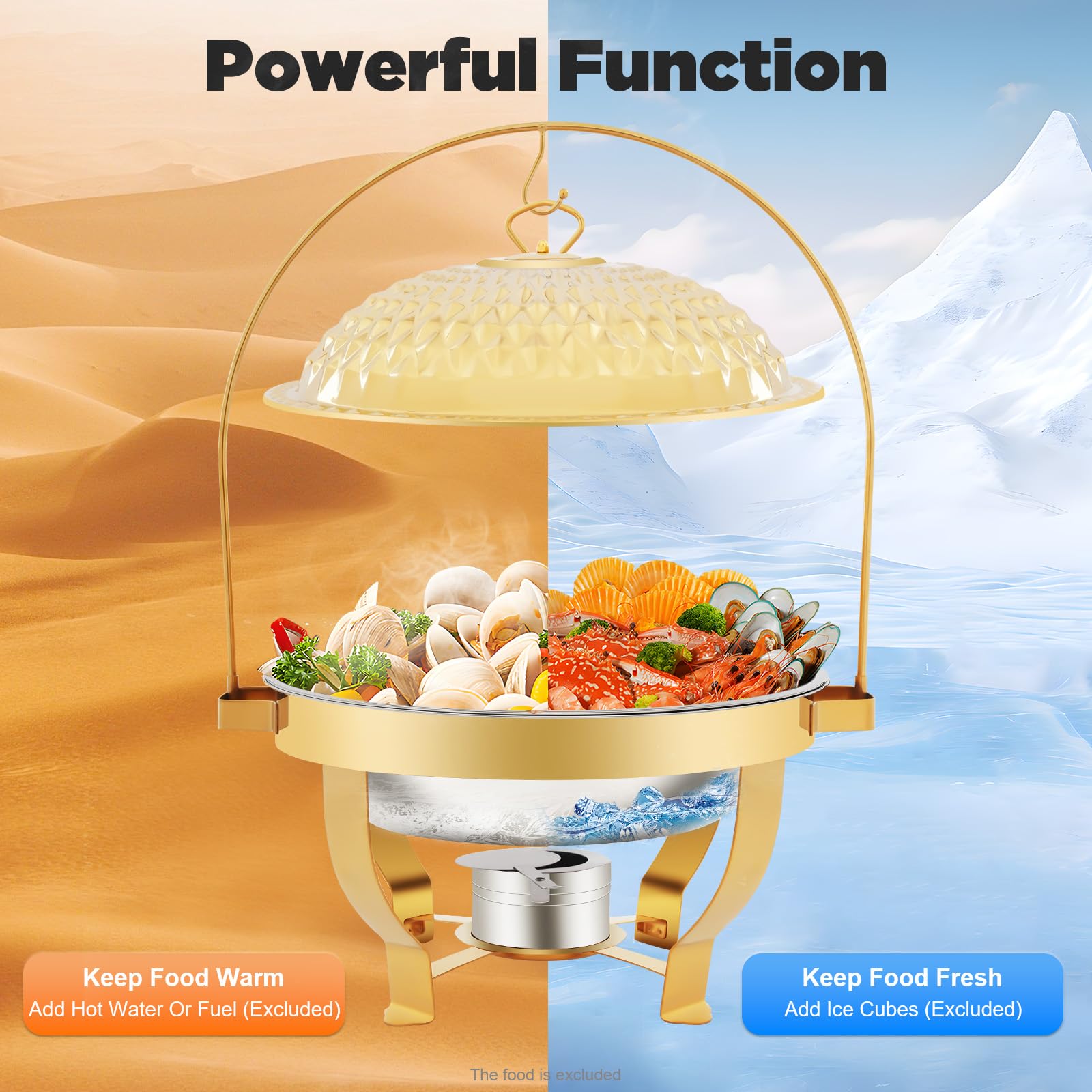 Chafing Dish in acciaio inox, 6 l, scalda buffet rotondo con coperchio, bruciatore a spirito, contenitore per buffet, feste e catering, contenitore per cibo per casa ed eventi (6 litri)