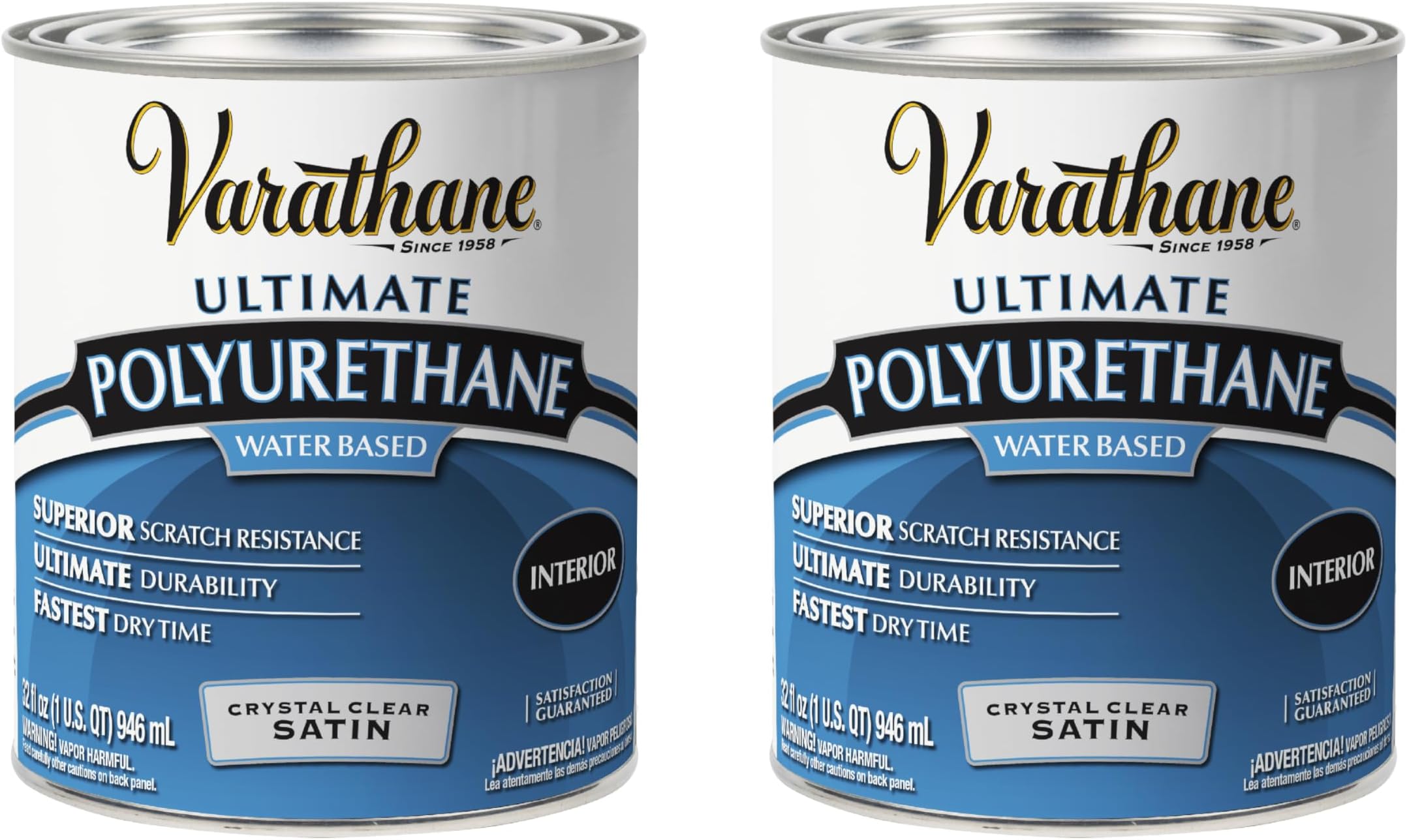 Varathane Water-Based Crystal-Clear Ultimate Polyurethane | Interior Wood Protection | Fast Dry Time | Easy Clean Up | Satin | Quart | 2 Pack