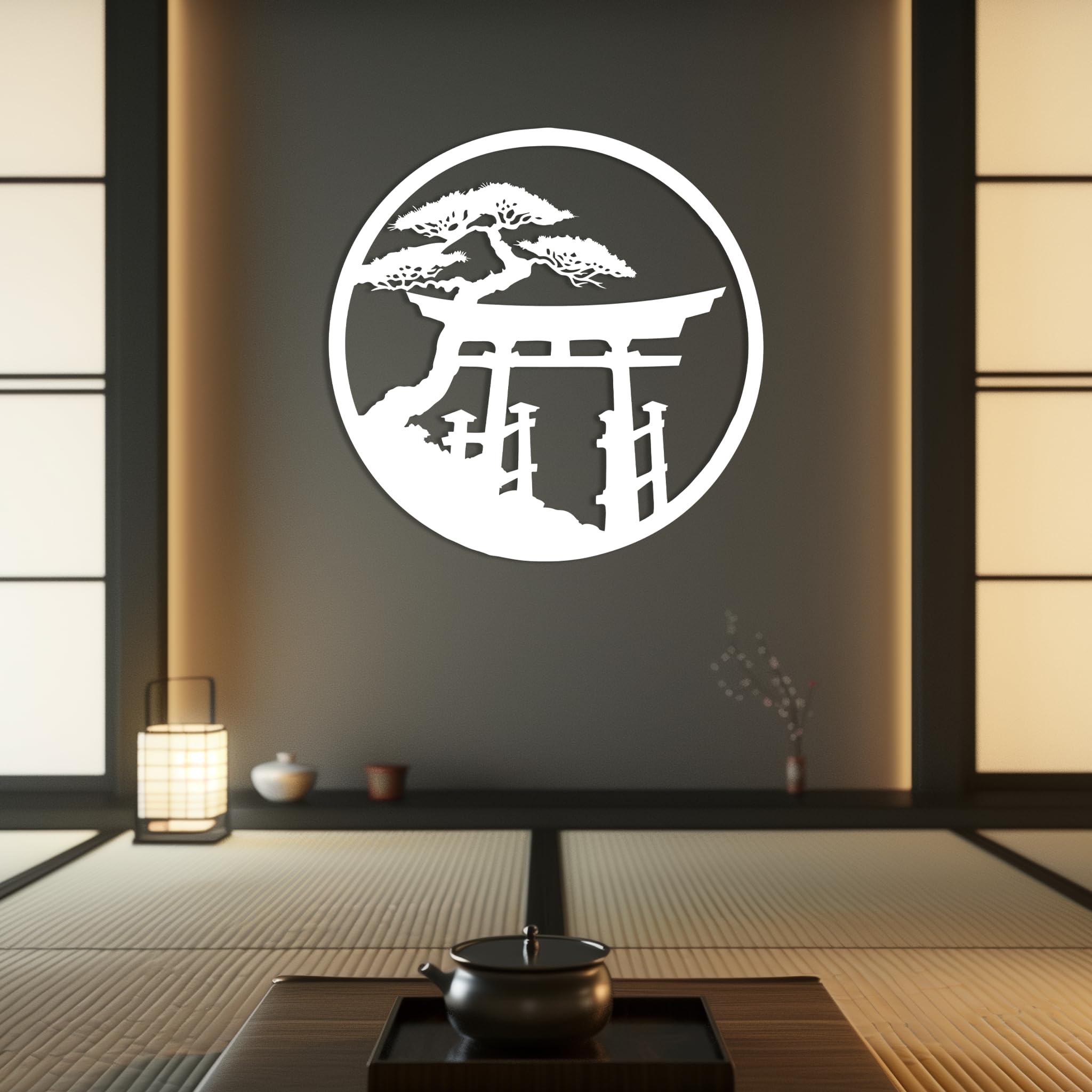 Metal Japanese Wall Art Torii Gate Wall Decor Japanese Torii Gate Decor Cherry Blossom Art Asian Shinto Landscape Decorations for Home Living Room Outdoor (White, 18.5x18.5 inch/47x47 cm, Metal)