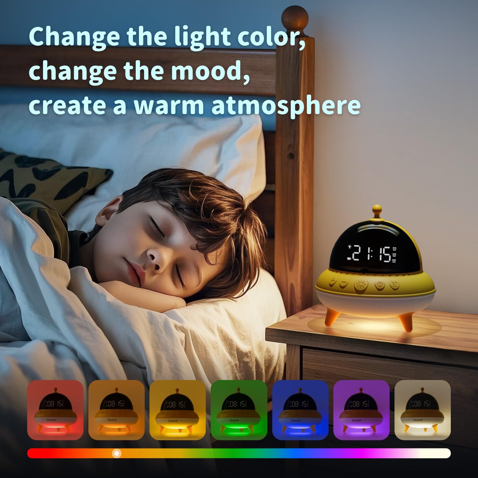 BEAVERLAB Wecker Kinder Mädchen, UFO Kinderwecker für mädchen kinder wecker, tageslichtwecker mit 7 Farben LED Nachtlicht, 15 Tage Akku, 0dB Leiser Wecker für Schlafzimmer, USB Nachttischlampe
